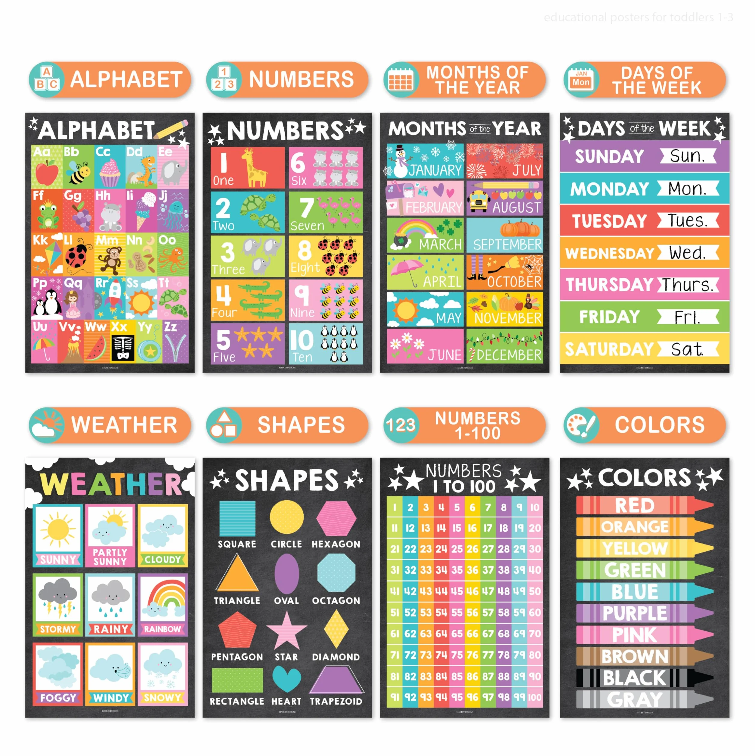 16 coloridos carteles educativos para niños pequeños – Pre K – carteles de aprendizaje para niños pequeños 13, suministros de escuela en casa de jardín de infantes, póster del alfabeto para niños