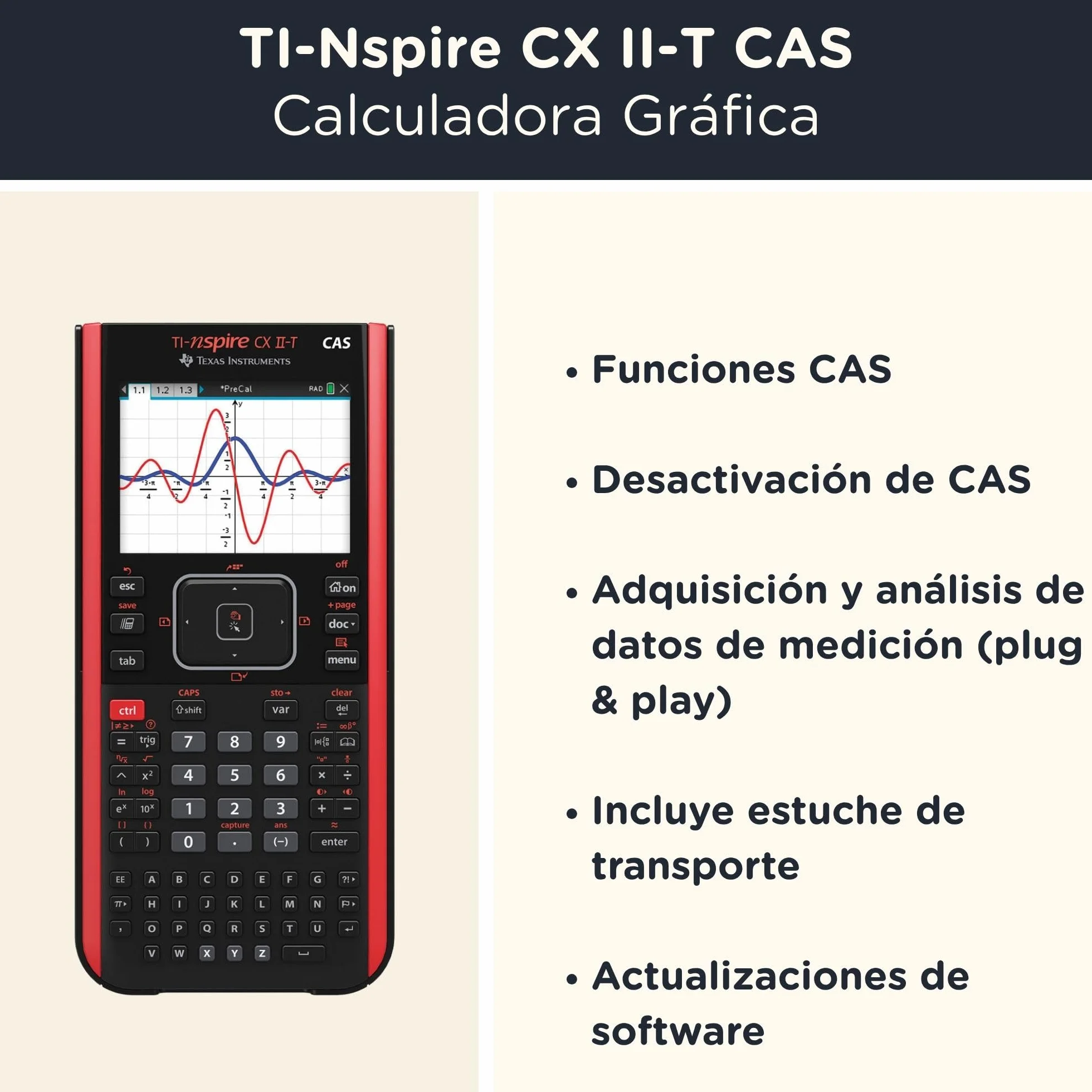 TI-Nspire CX II-T CAS con Funda Protectora WYNGS Negro - Calculadora Gráfica - Paquete Básico