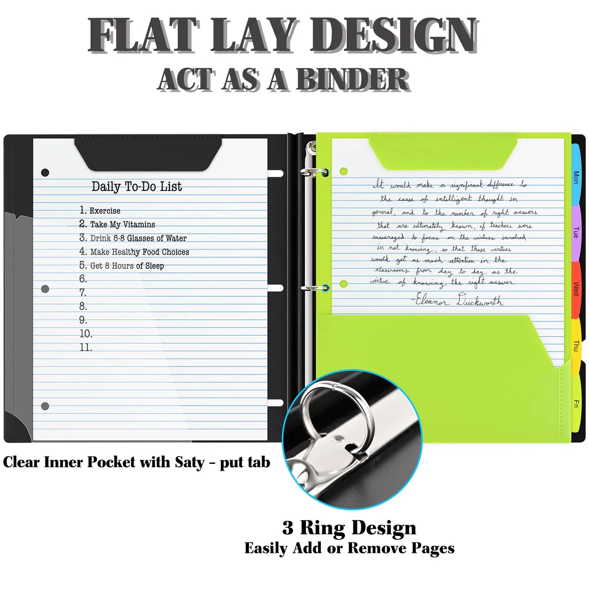 INFUN Cuaderno telescópico todo en uno, carpeta recargable de 3 anillos con 1 carpeta de bolsillo móvil de plástico, 5 separadores de materias de plástico y papel gráfico y papel rayado universitario,