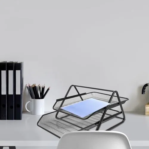 Soporte de papel de escritorio resistente de dos niveles de hierro negro para archivar documentos de escritorio para oficina eficiente para uso doméstico y empresarial