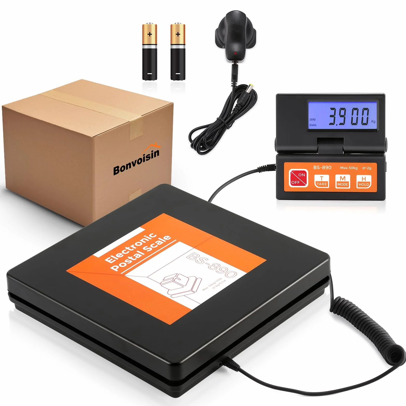 Bonvoisin Báscula para Paquetería Digital 50kg/110lb Balanza para Envíos de Paquetes con Pantalla LCD Grande Separada, 2 pilas AAA y Adaptador de Corriente UE Incluidos, g/kg/oz/lb Conmutable