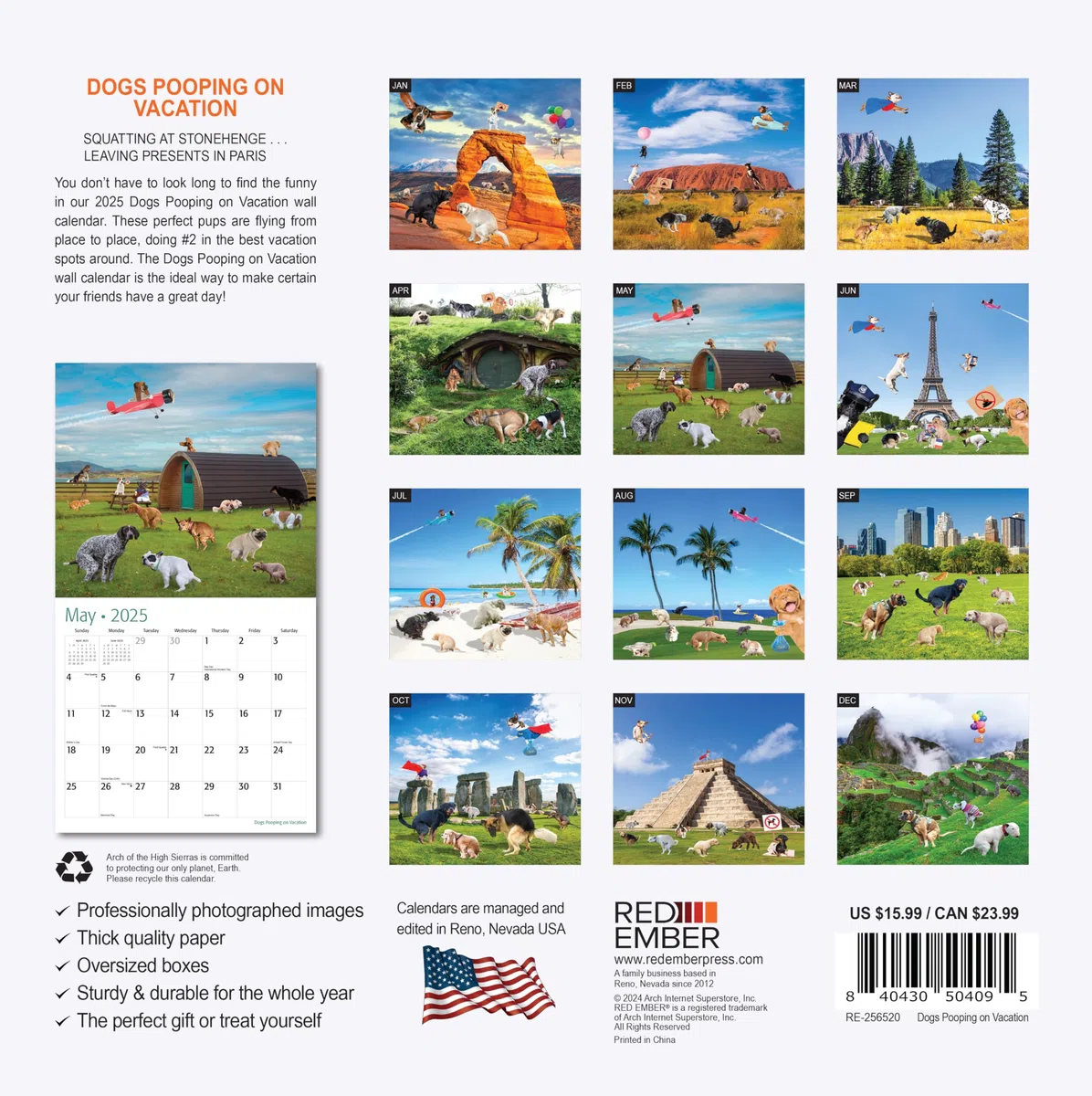 RED EMBER Dogs Pooping on Vacation - Calendario mensual de pared colgante 2025 | 12 x 24 pulgadas abierto | Papel grueso y resistente | Regalo | Divertido intercambio secreto de elefante blanco Yankee