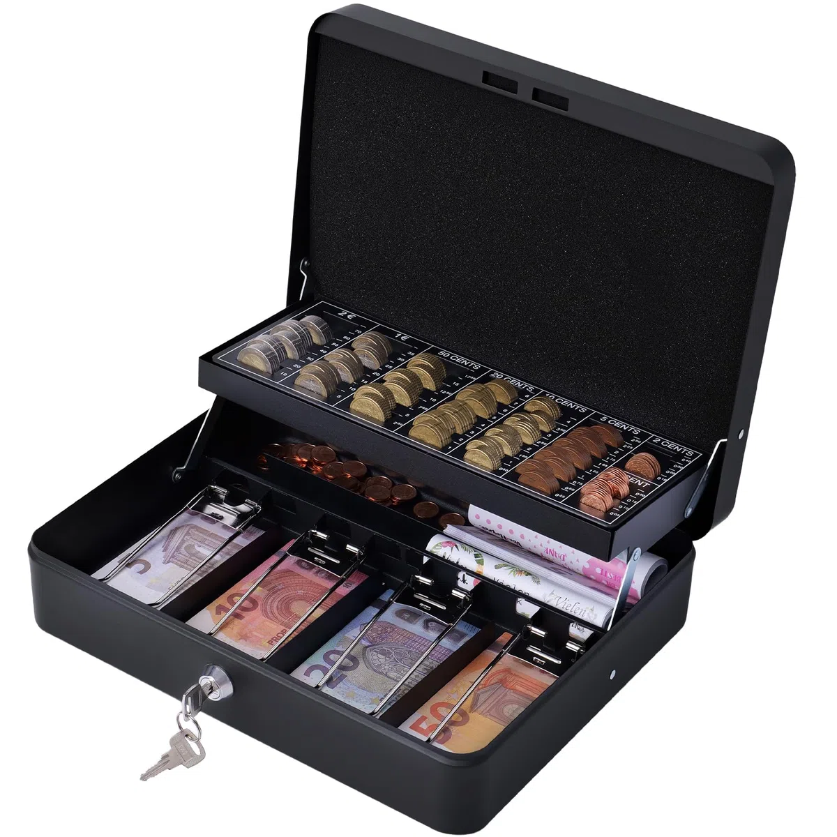 Caja de caudales con cerradura de acero, con tabla de conteo de monedas y 4 compartimentos para billetes, caja de dinero de hierro, 30 x 24 x 9 cm, color negro