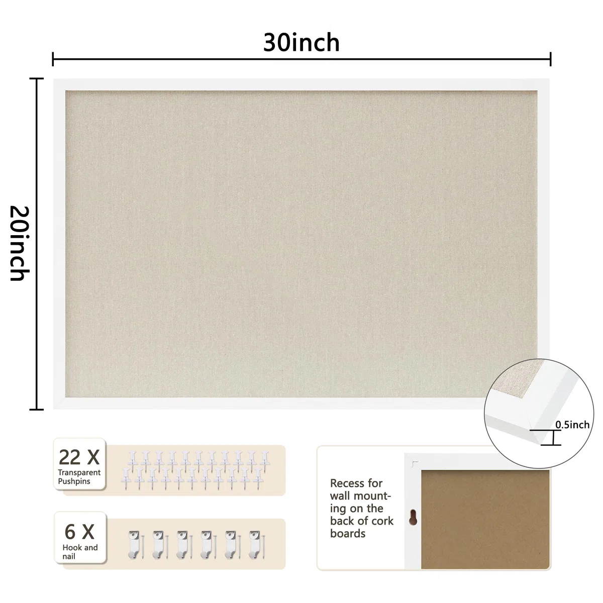DAHAPYBOO Tablero de corcho con lino blanco, paquete de 2, tablón de anuncios de 30 x 20 pulgadas | Tableros de corcho colgantes para oficina, hogar, escuela, tablero de mensajes o decoración de tablero de visión