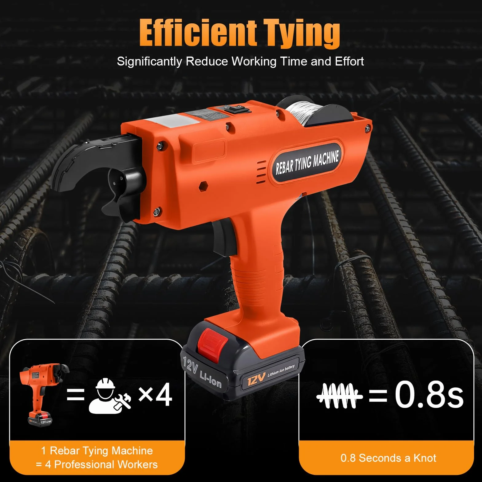 Rebar Tying - Encuadernadora eléctrica de 12 V, con caja de almacenamiento, 2 baterías de iones de litio, longitud de alambre de 300 – 500 mm (naranja)