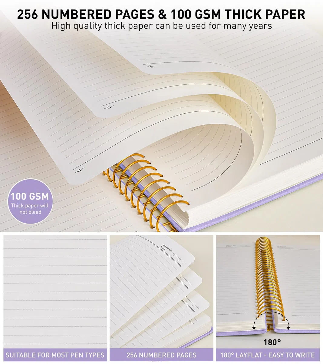 Cuaderno en espiral A4 de 8.5 x 11 pulgadas, 256 páginas numeradas de tapa dura, diarios de cuero para mujeres y hombres, cuadernos grandes rayados universitarios, papel grueso de 100 g/m², diario