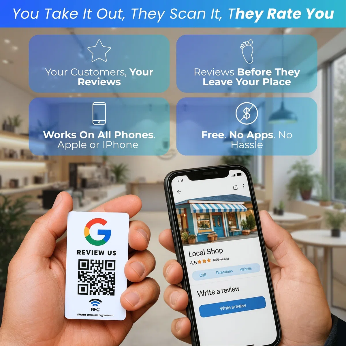MESSAGENES - Tarjeta PVC con NFC y QR | Tarjeta para Conseguir Reseñas | Compatible con Google Business | Pack 5 Unidades | QR Dinámico Editable | Analíticas de Escaneo | Sirve para iPhone y Android