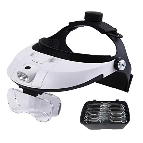 Lupa montada en la cabeza con luz LED, lupa manos libres para leer, reparar relojes, joyas, zoom de 1X a 3.5X con 6 lentes desmontables