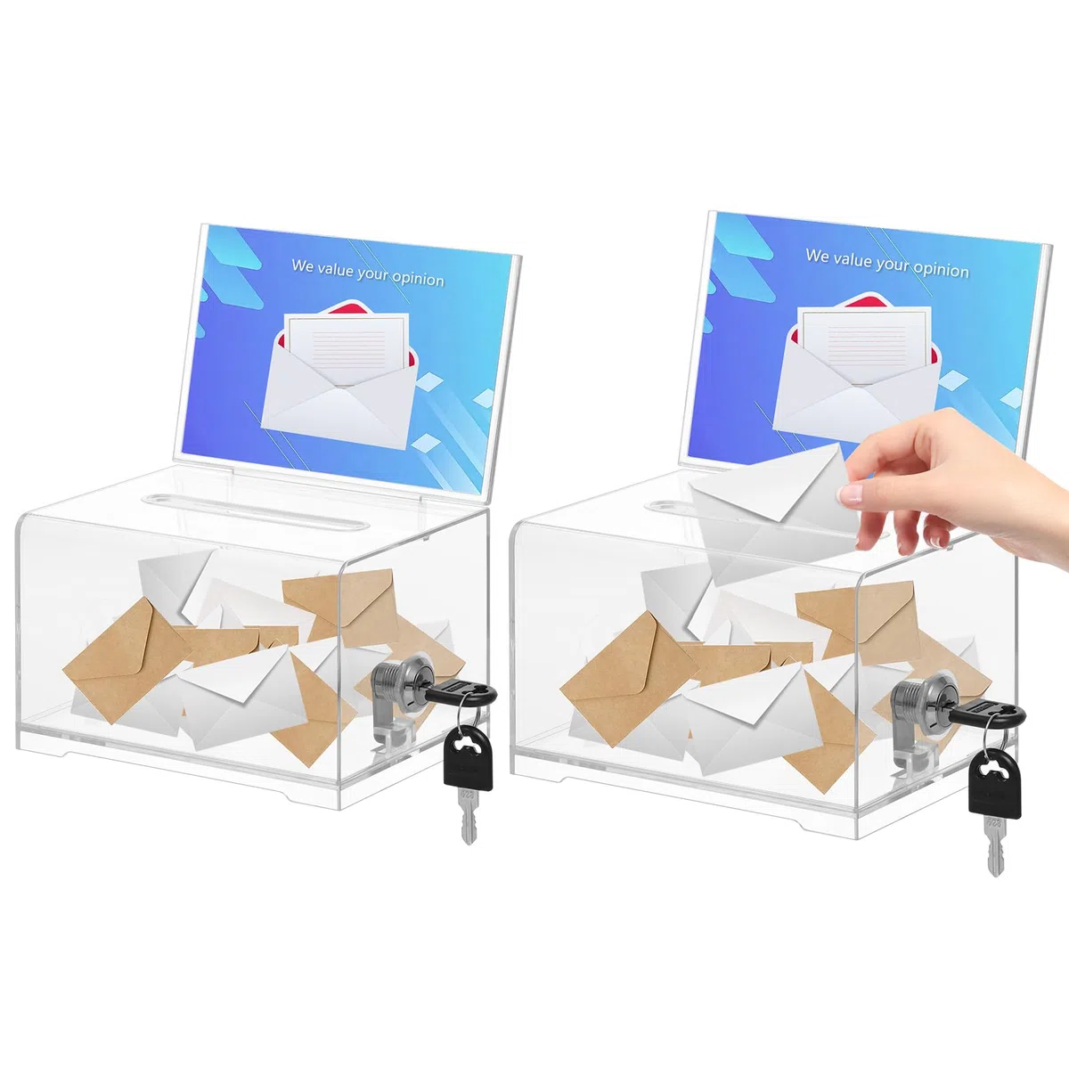 KYODOLED Caja transparente para recaudación de fondos, caja de propuestas con cerradura y llave, caja para boletos con soporte para carteles, vaso para eventos y organización, 15,5 x 10,9 x 10,9 x