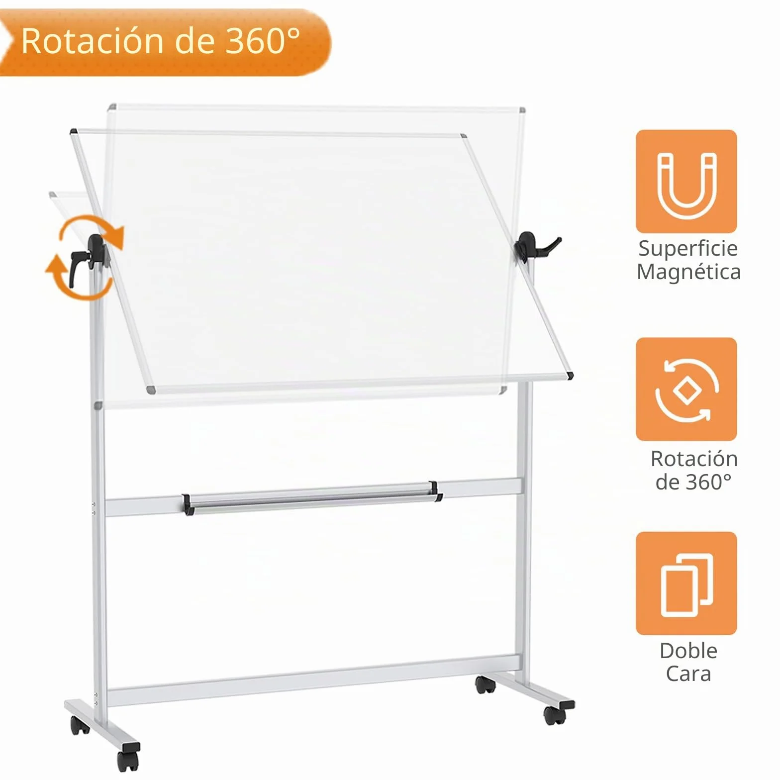 VIZ-PRO Pizarra blanca móvil magnética de doble cara 120x90 cm con ruedas marco de aluminio