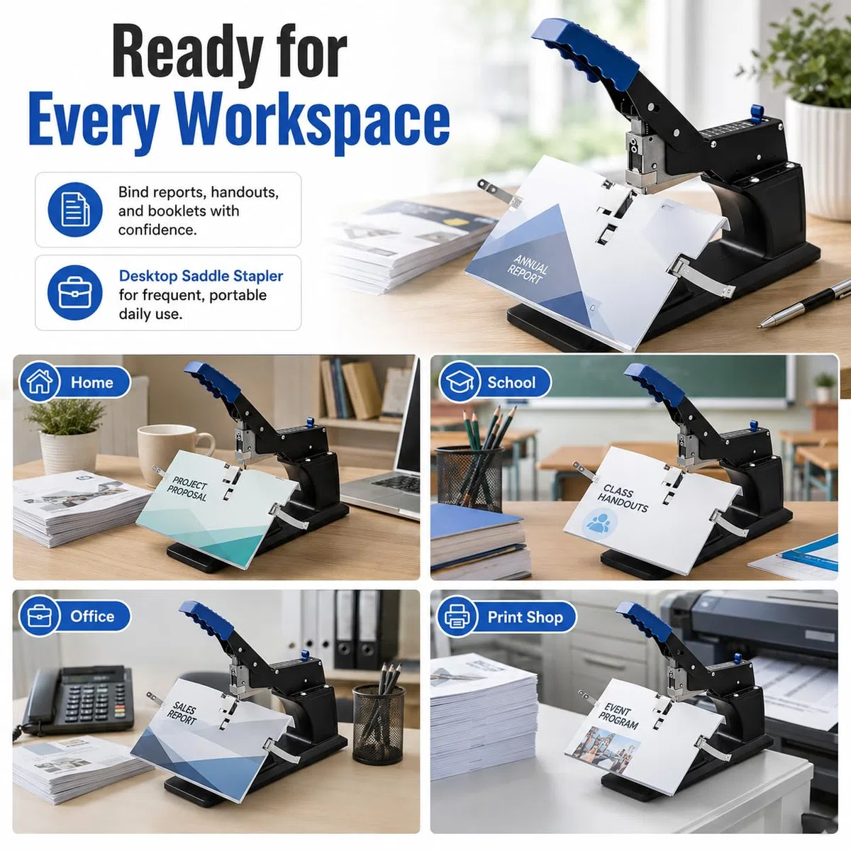 Grapadora de escritorio resistente con 3000 grapas 23/6, grapado plano y de montura, grosor máximo de encuadernación de 6,5 mm, para folletos, uso en casa, escuela y oficina