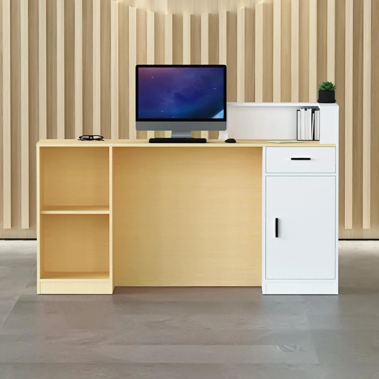 Mesa de Recepción con Casilleros de Almacenamiento 80-200CM Mostrador de Pago Moderno White+Wood Left Corner 160x42x100cm
