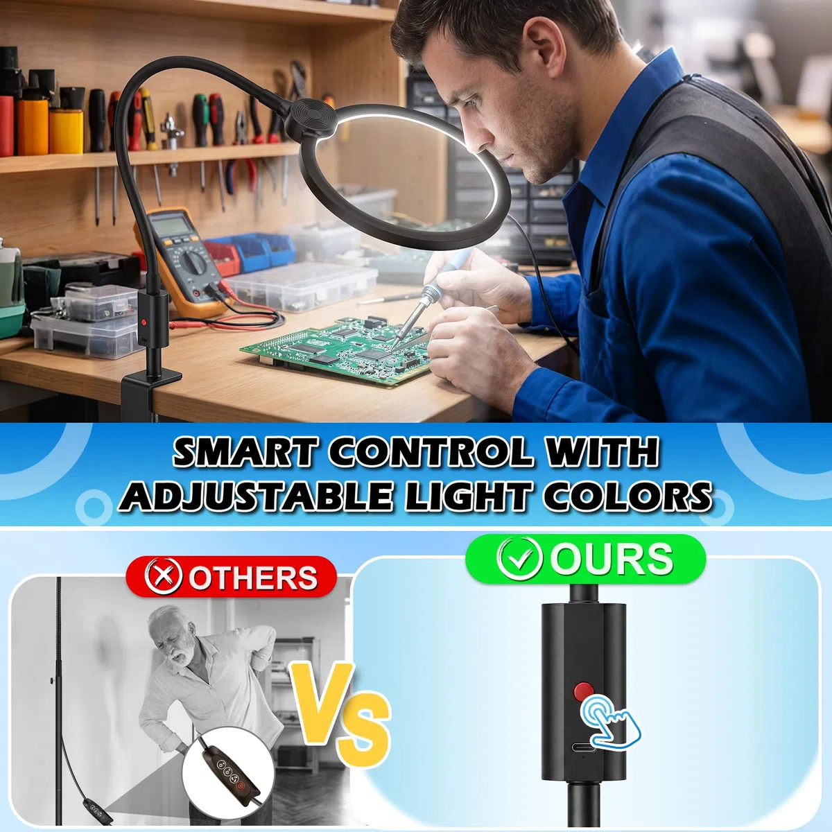 NZQXJXZ 10X Recargable Lupa con Luz y Soporte, Lente HD Grande de 7” | Lámpara Lupa 3 en 1 de Pie/Mesa/Pinza, 3 Modos de Color, LED Regulable Cuello de Cisne para Lectura Manualidades Reparación