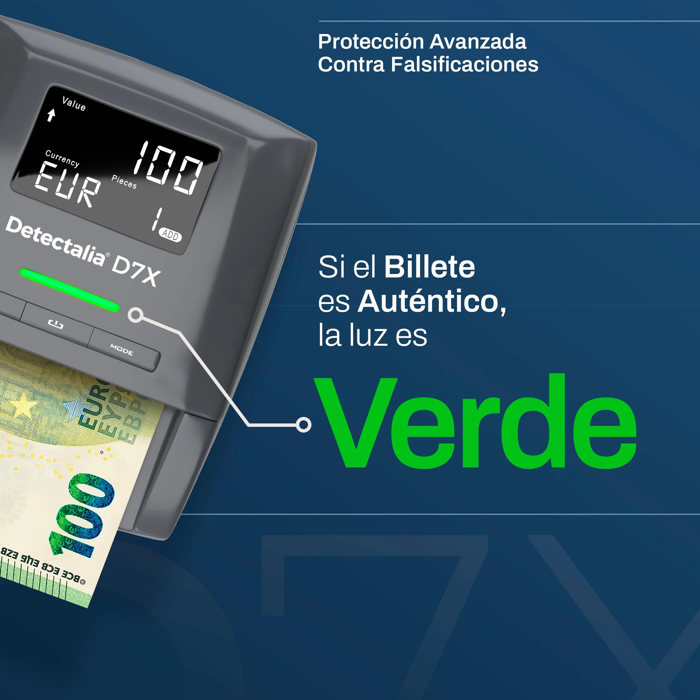 Detectalia D7X - Detector de billetes falsos con 7 sistemas de detección y 100% fiabilidad para 6 divisas EUR, GBP, CHF, PLN, CZK y SEK - 14 x 12 x 6 cm
