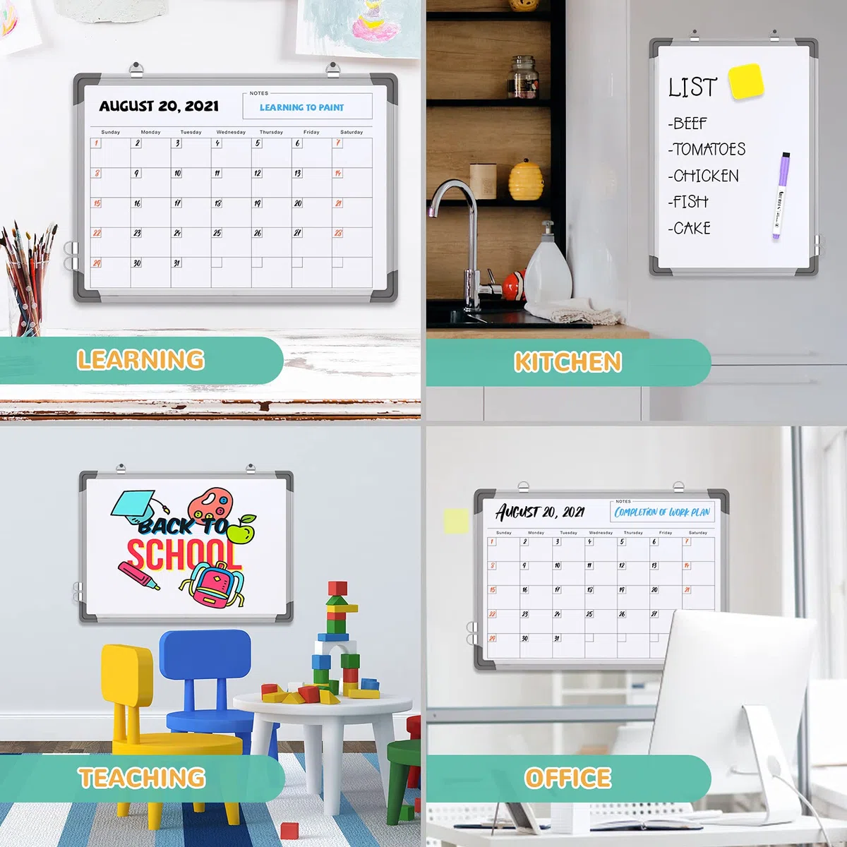 Pizarra blanca con calendario mensual para pared, pizarra de borrado en seco de 16 x 12 pulgadas, pequeña pizarra blanca magnética, pizarra colgante de doble cara para oficina, escuela, hogar, cocina