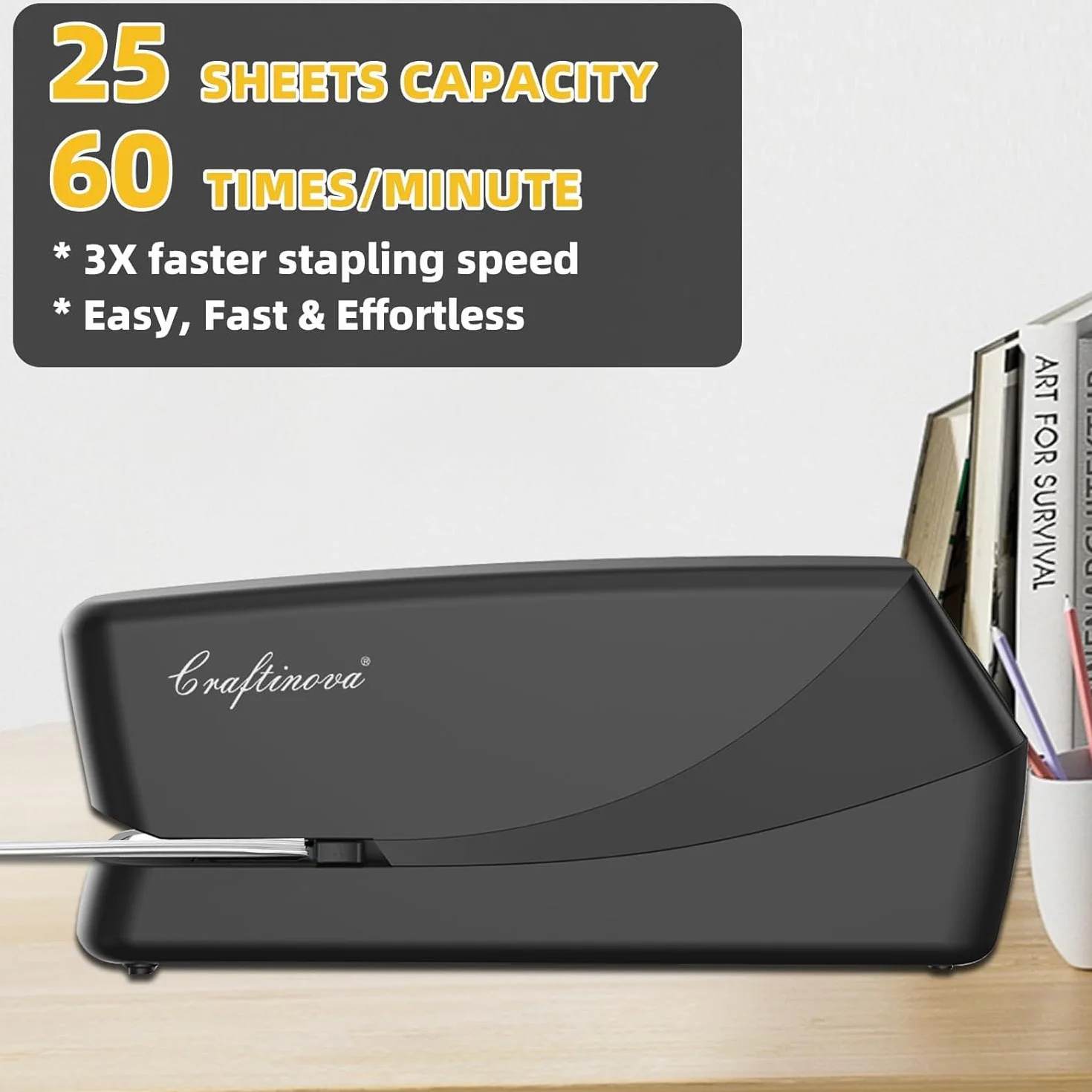 Grapadora eléctrica de escritorio Craftinova, engrapadoras automáticas sin atascos, capacidad para 25 hojas, con 1 removedor de grapas, 2000 grapas, recarga fácil, alimentada por CA o batería, buena