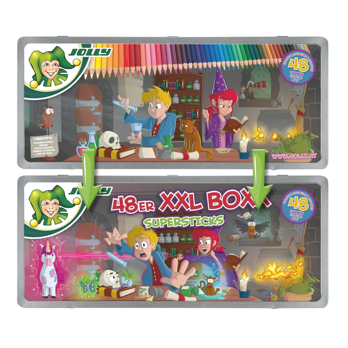 JOLLY, 48 unidades XXL Boxx Magic, estuche de metal con imagen oscilante, 48 lápices de colores de madera de tilo, irrompibles y no tóxicos, colores ricos y brillantes, incluye regla, fabricado en
