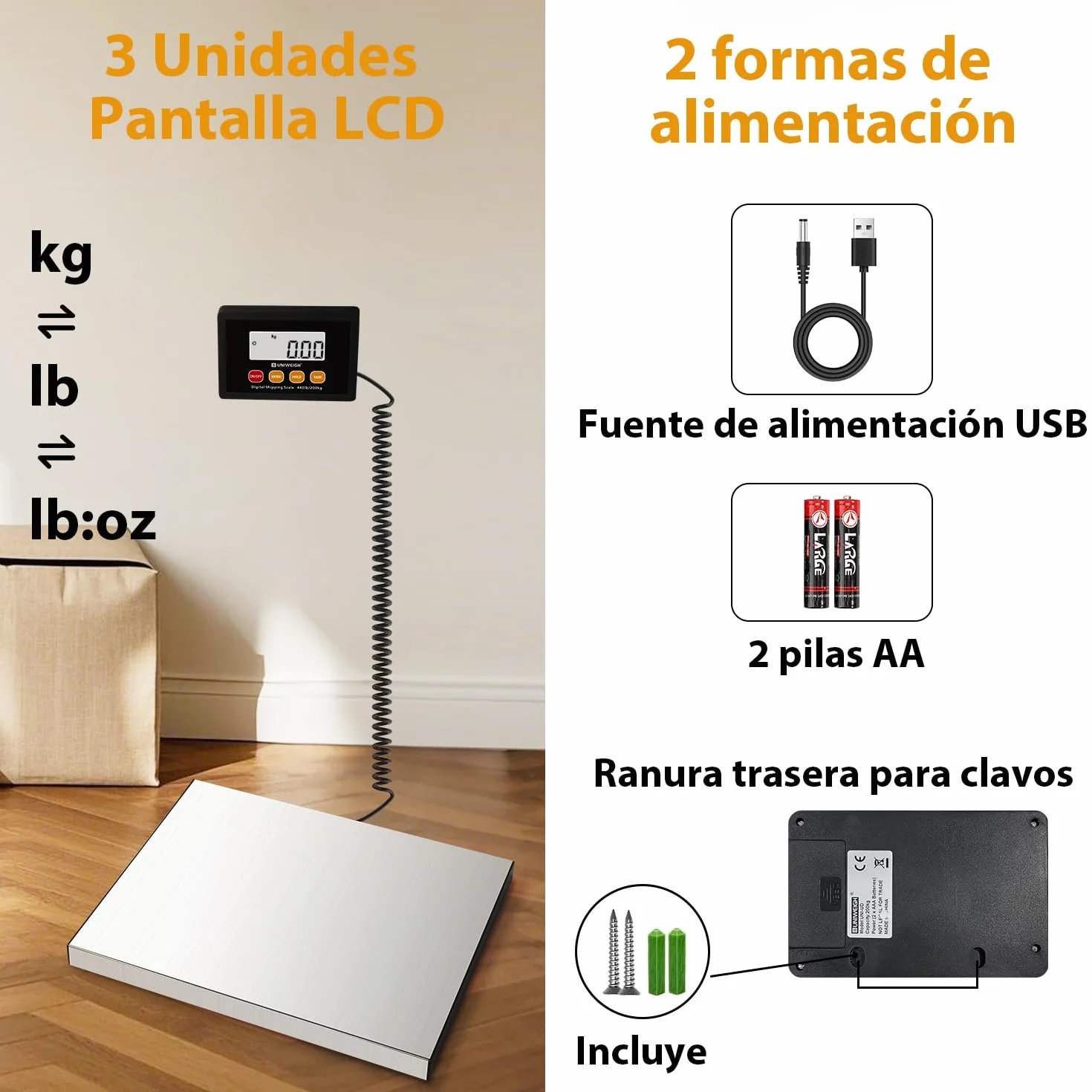 UNIWEIGH Bascula Postal Digital 440lb x 10g Plataformas de Acero Inoxidable Balanza Pesada con Retención Tara Pantalla LCD
