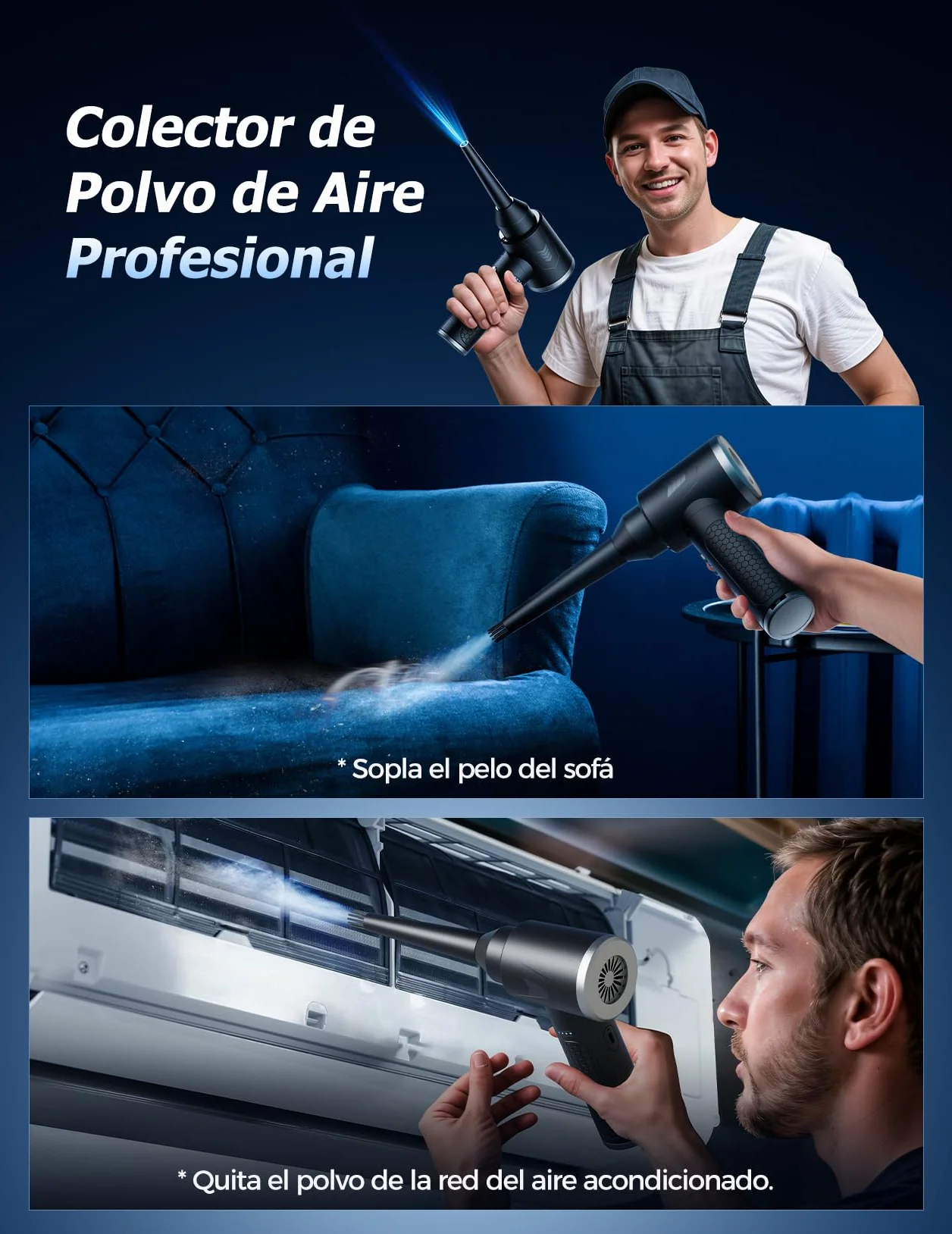 100,000 RPM Potente Soplador de Aire con Luz LED, Aire Comprimido Limpieza PC de 9000mAh, Soplador de Aire Para PC, Air Duster de 3 Velocidades, Plumero Electrico para Ordenador, Coche, Oficina, Sofá