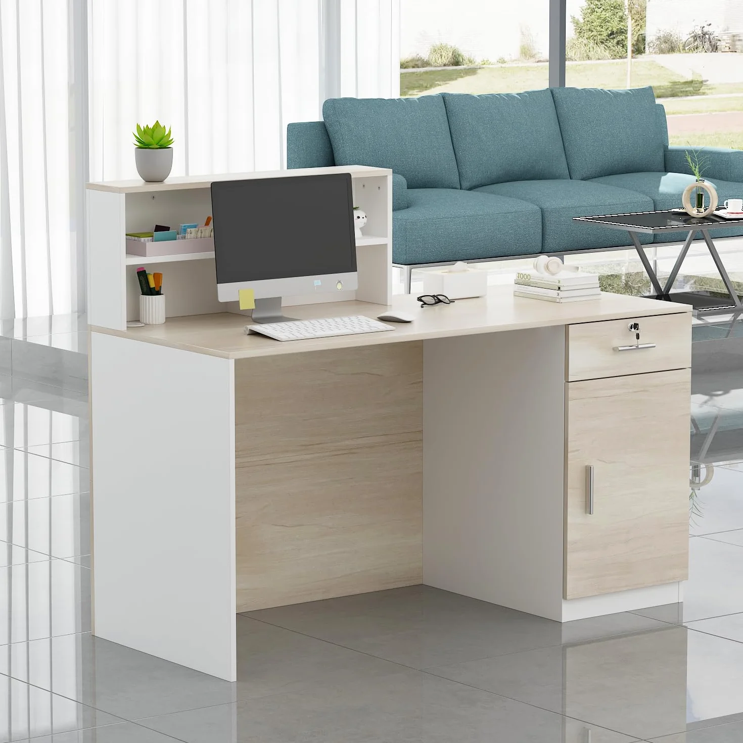 Mostrador de Recepción Grande con Compartimentos Abiertos, Madera y Blanco