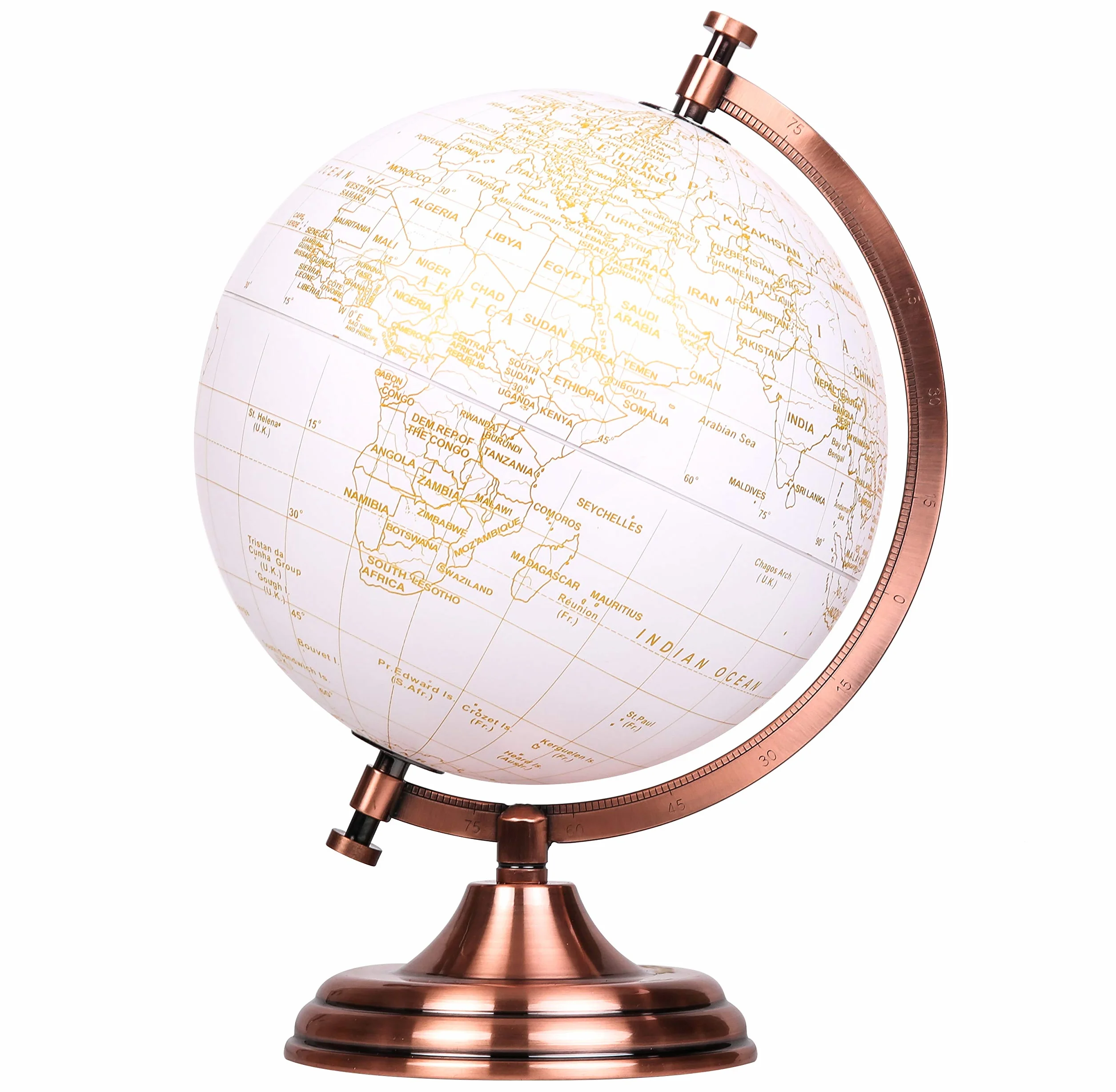 EXERZ Globo Terráqueo Dorado Metálico de 20cm, en Inglés, Decoración Moderna y Educativa - Base y Arco de Metal en Color Dorado