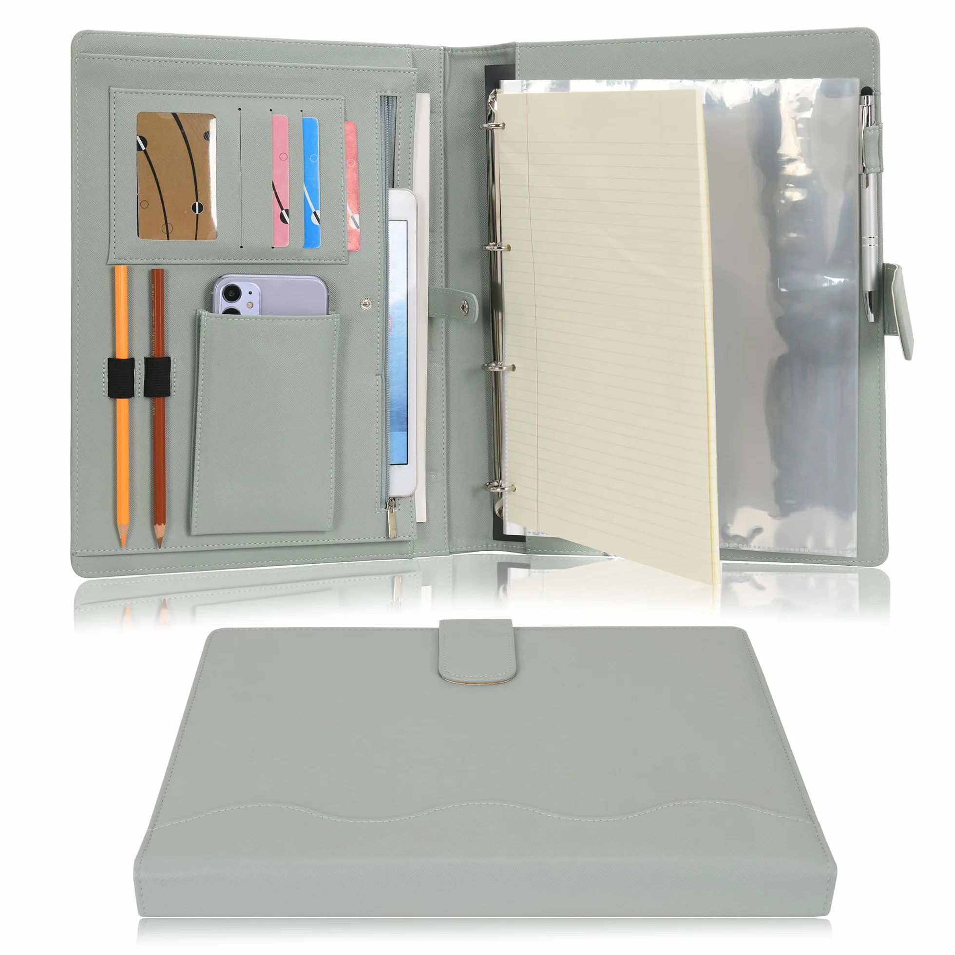 Wonderpool A4 PU Cuero 4 Anillos Carpeta Organizador con Portapapeles Extraíble y Bolsillo Funcional (Verde)