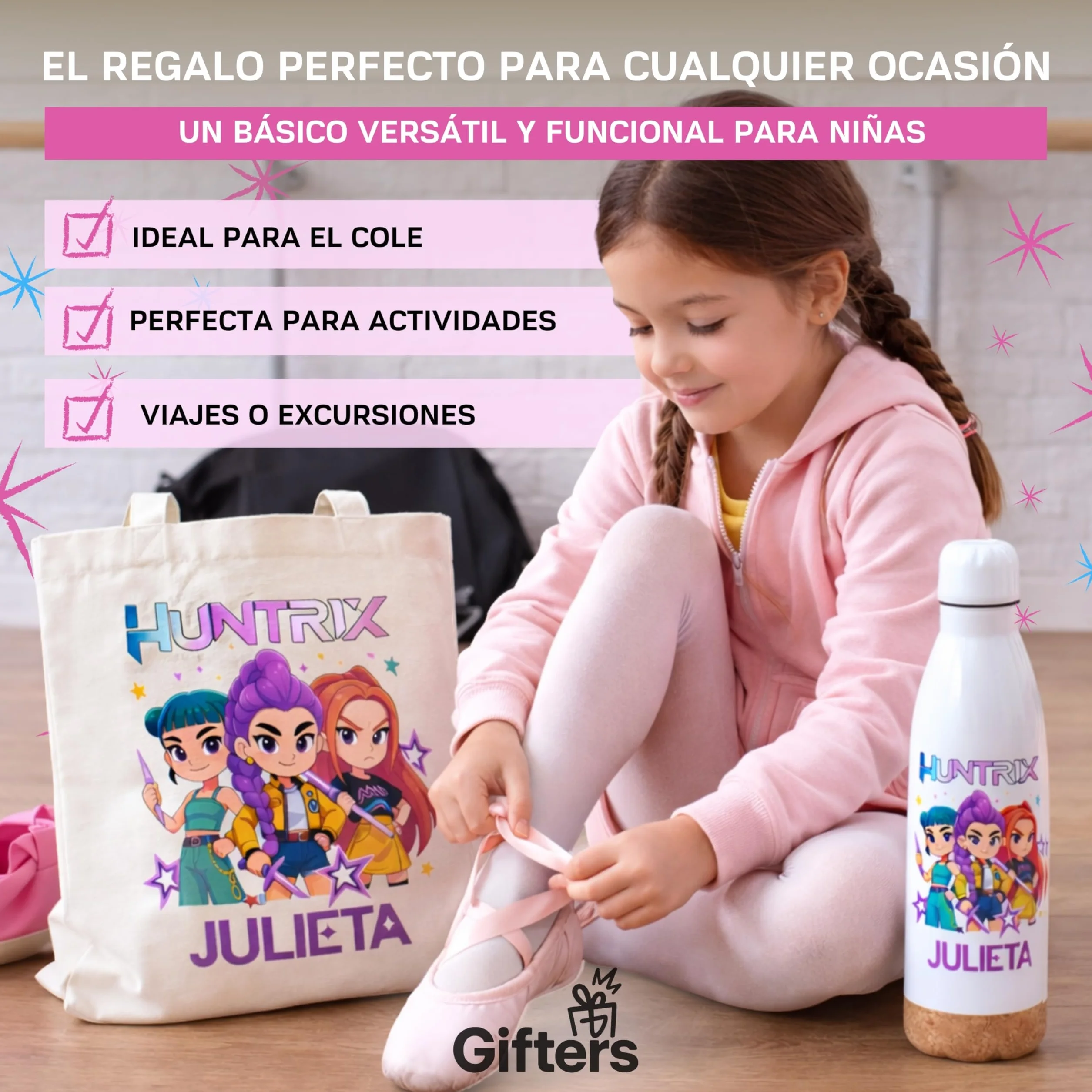 Gifters | Pack Bolsa Personalizada con Nombre + Botella Acero Inoxidable 750 ml + Taza Cerámica 325 ml | Diseño Personajes Estilo K-Pop | Regalo Original para Niña, Cumpleaños, Navidad y Comunión