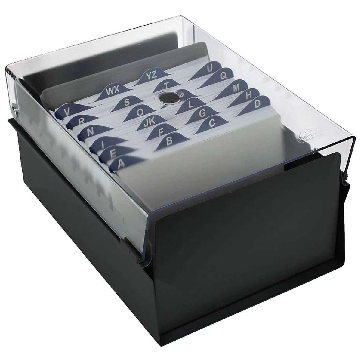 Acrimet Porta Tarjeta 4"x 6", Organizador de Fichas, Base de Metal Resistente (Incluye Índice AZ y un Divisor de Plastico) (Base Negro y Tapa de Plástico Transparente)
