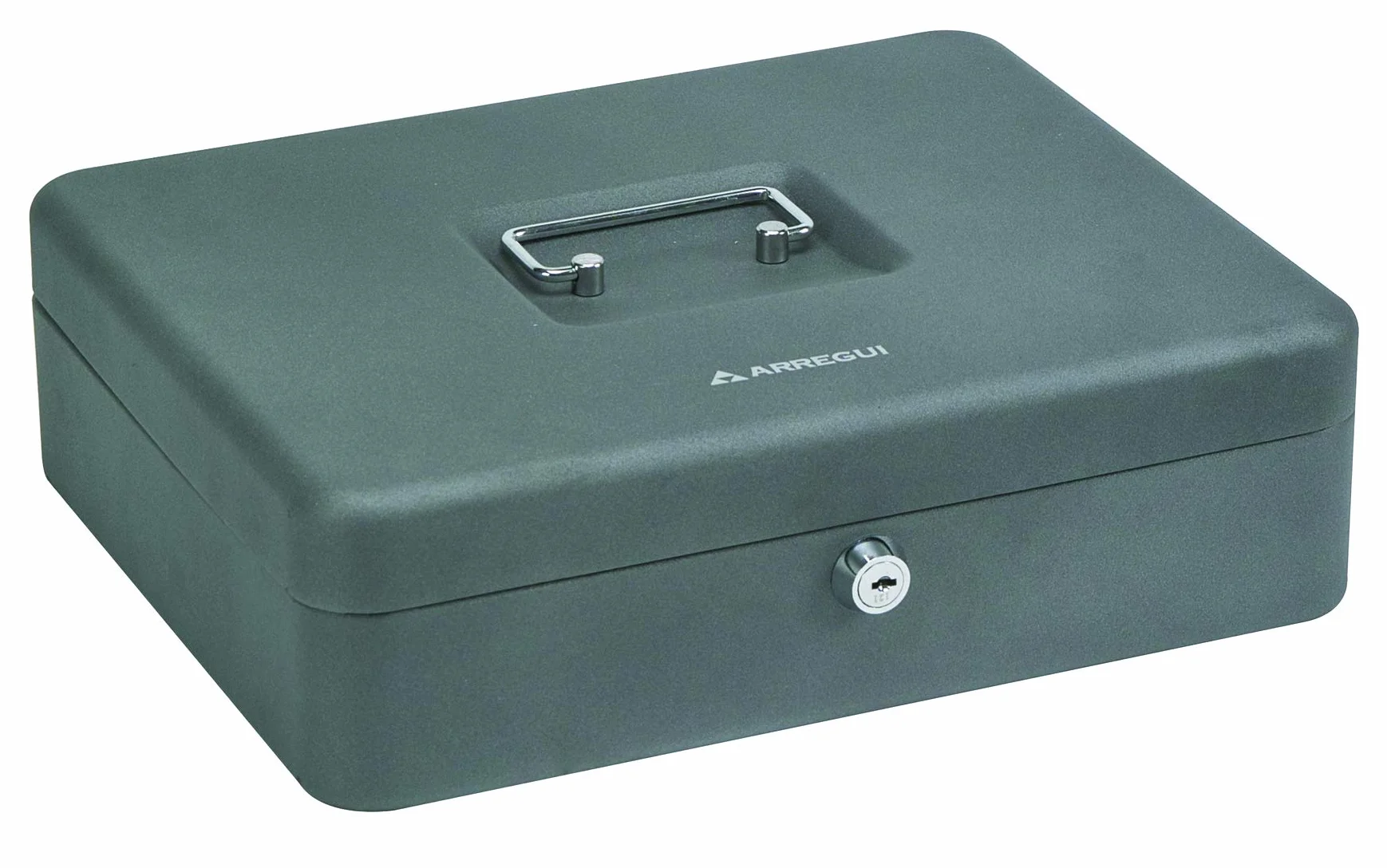 Arregui, Cashier C9246-EUR Caja Caudales con Llave para Contar y Transportar Dinero, Caja de Seguridad de acero con bandeja organizador de Monedas y Billetes, Caja fuerte portatil, Gris grafito