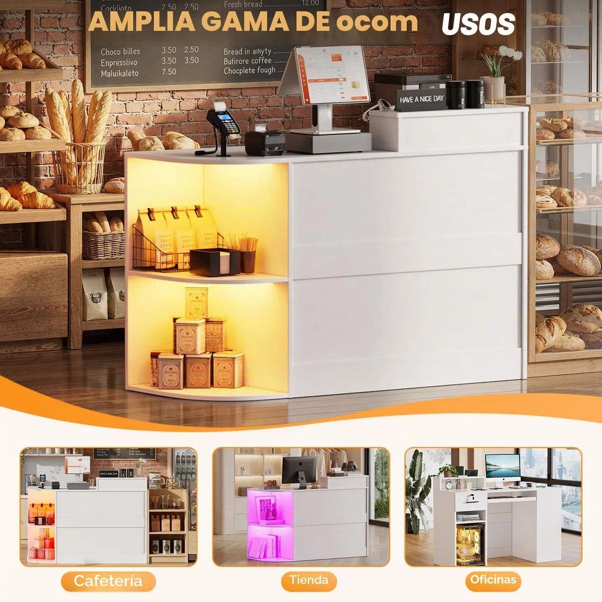 Mesita de recepción con iluminación LED, mostrador de recepción con cajones con cerradura, estante de exposición y bandeja para teclado, mesa de recepción moderna para salón, tienda, hotel, oficina