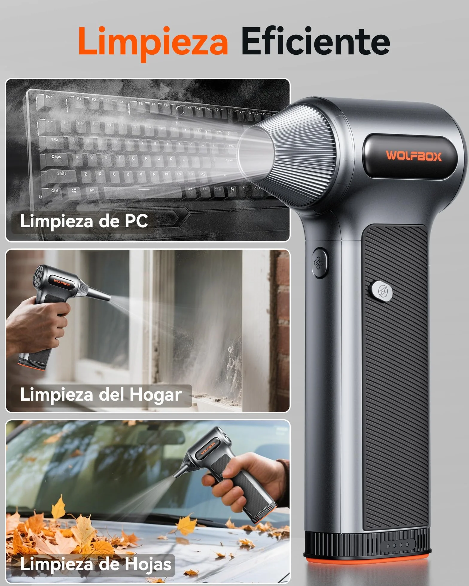 WOLFBOX MF200 Soplador de Aire Potente con Batería Extraíble, Aire Comprimido Limpieza PC, Mini Soplador Eléctrico Inalámbrico 87,5 m/s 3 Velocidades, 4 Boquillas para Teclado, Coche, Hogar