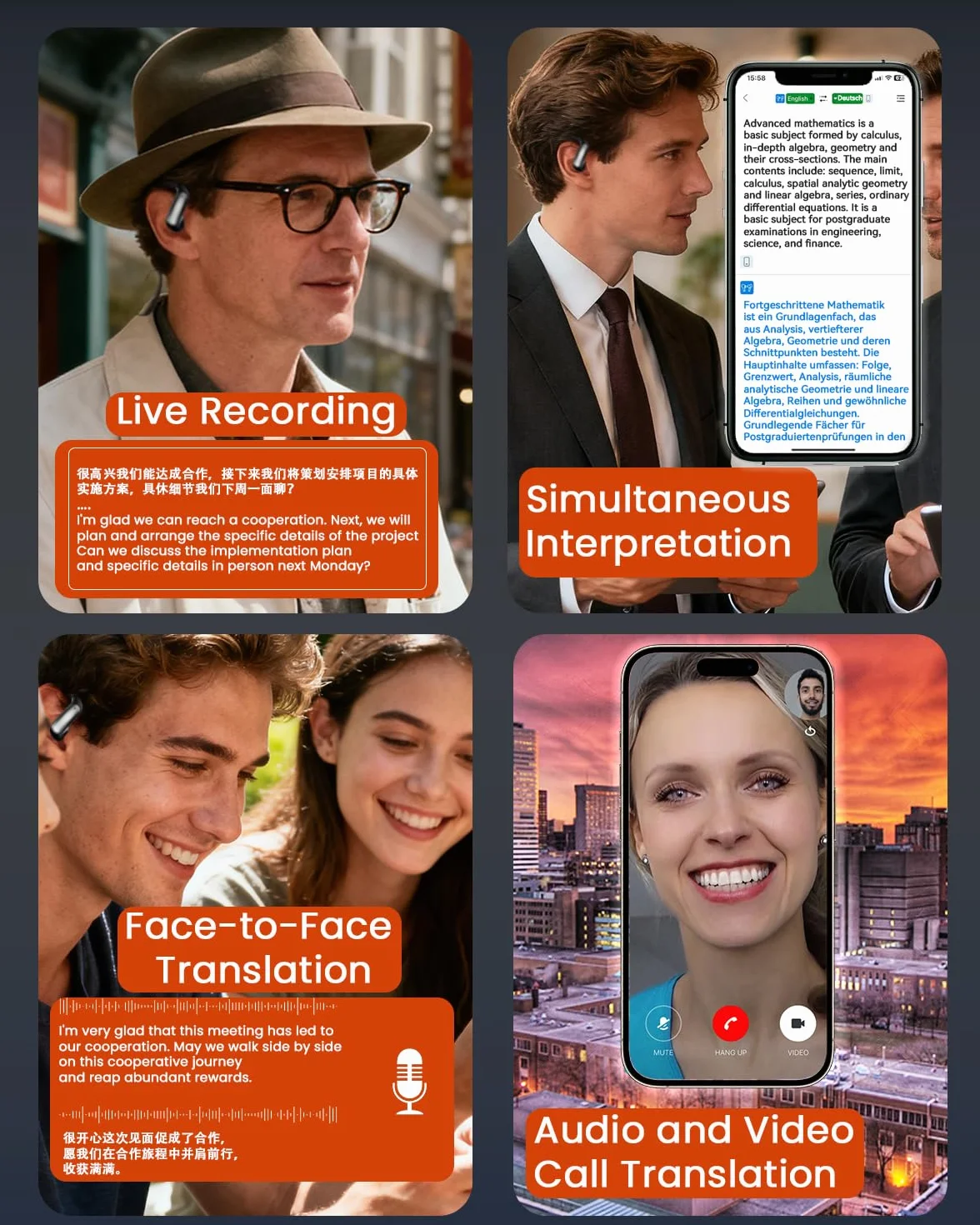 ANSTEN Auriculares Traductor en Tiempo Real con IA - Traductor Instantaneo de Voz Multilingüe 144 Idiomas, 7 Modos Traducción, 4-en-1 Cascos Bluetooth inalámbricos para Viajes/Reuniones/Estudios