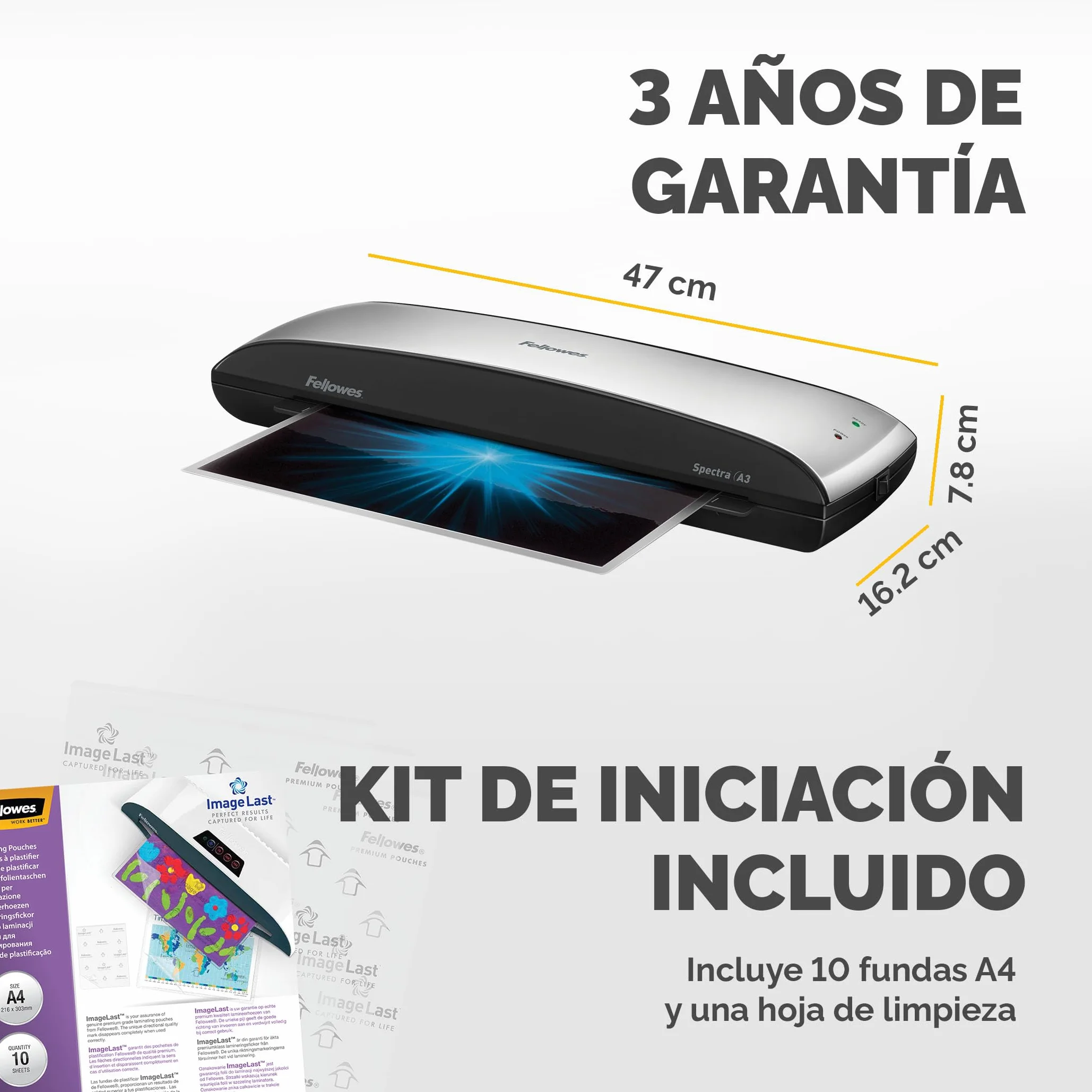 Fellowes Spectra A3 - Plastificadora de documentos, 80-125 micras, para uso ocasional, libre de atascos, color negro y plateado, 10 fundas de plastificar gratis