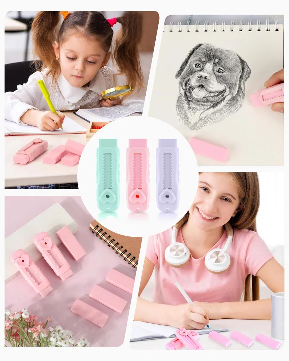 3 portaminas, portaminas con goma de borrar para niños + 4 gomas de repuesto Portaminas con goma de borrar, para escolares Material escolar (rosa)