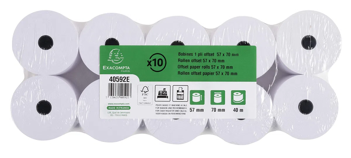 Exacompta 40592E - Rollo de papel para calculadora (10 unidades), color blanco