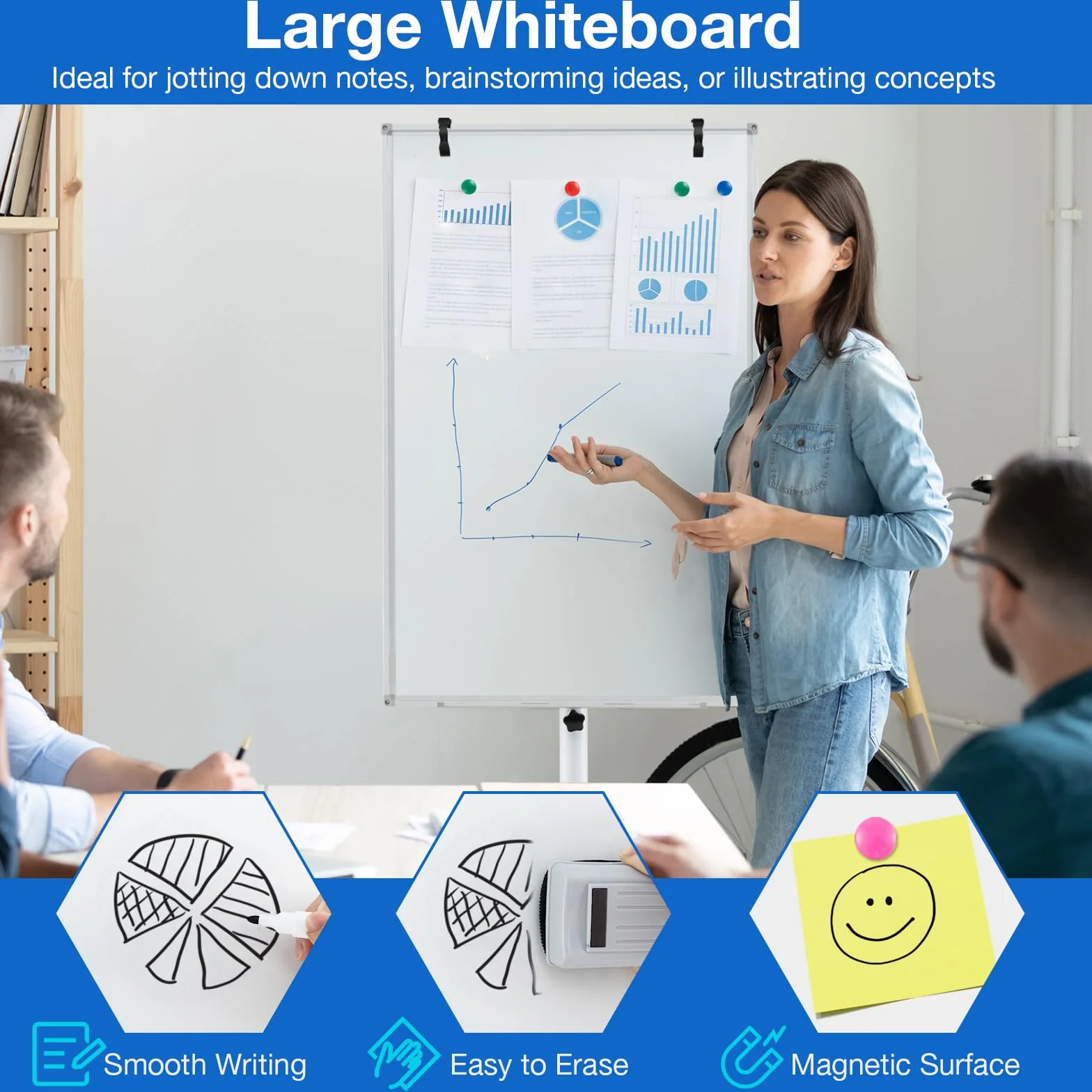 GIANTEX Pizarra Blanca Móvil 100 x 65 cm, Altura y Ángulo Ajustable, Magnética con Ruedas Bloqueables