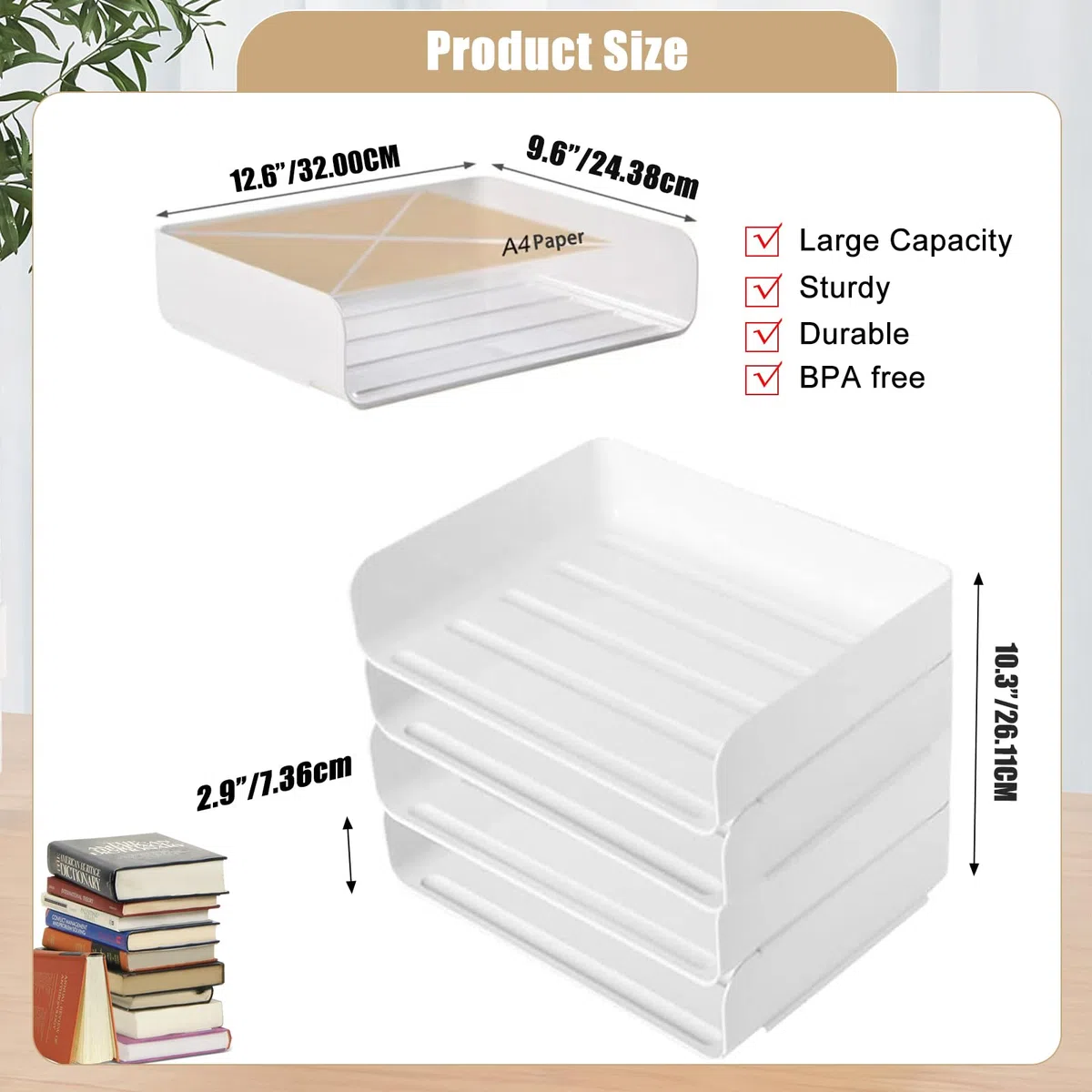 Organizador de escritorio y almacenamiento, organizador de bandeja de papel de 4 niveles, apilable, organizador de escritorio blanco y almacenamiento con 4 carpetas de archivos para documentos, papel,