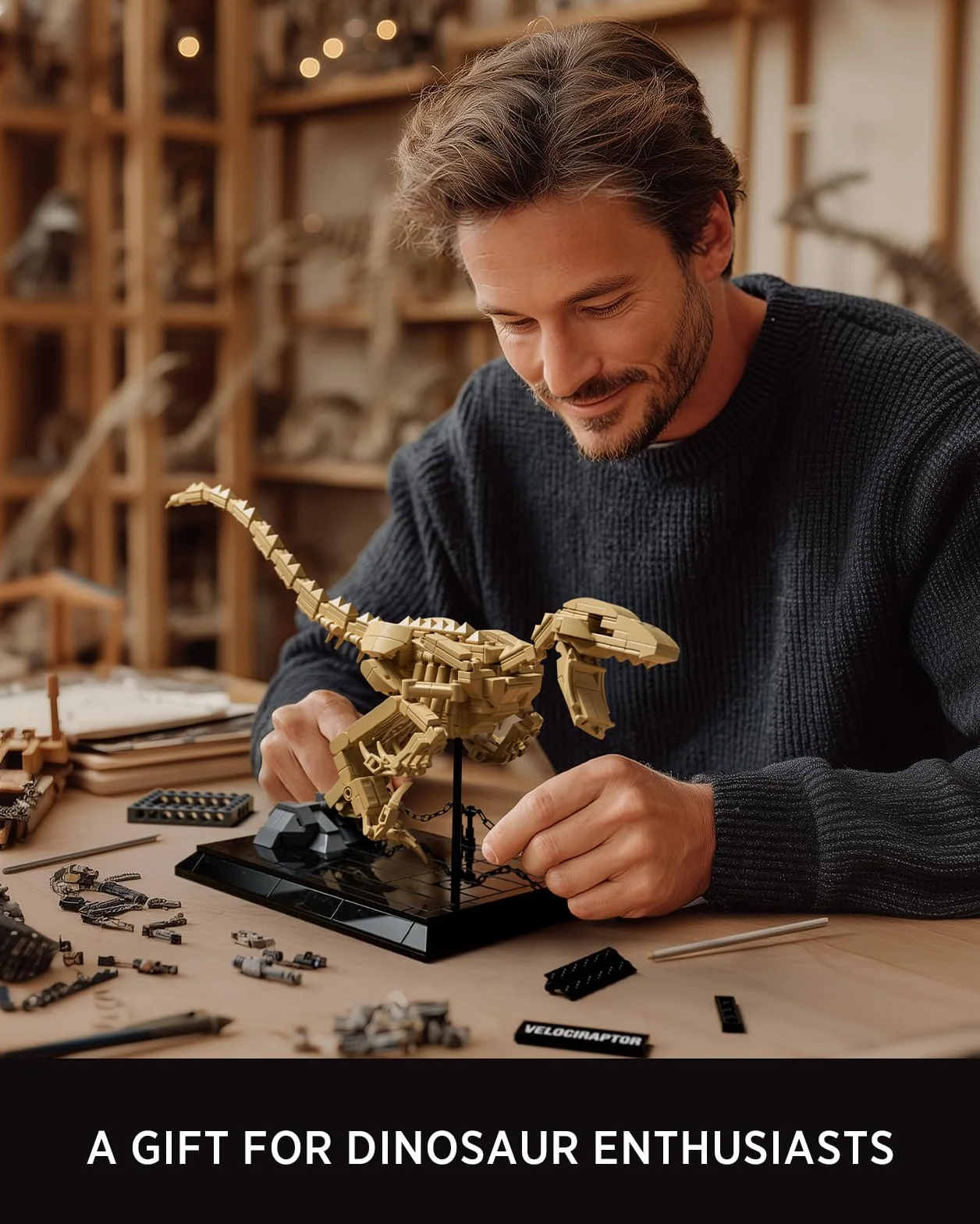Nifeliz Set de Modelo Fósil de Velociraptor, Kit de Construcción de Esqueleto de Dinosaurio con Base para Adultos, Regalo de Colección para Amantes de los Dinosaurios (498 Piezas, NF10357)
