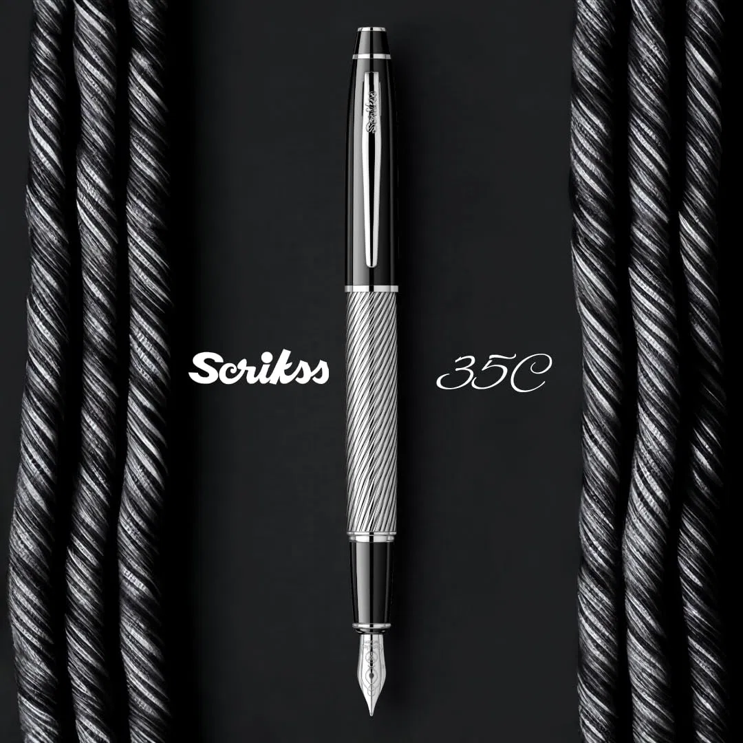 Scrikss Pluma estilográfica de punta media y convertidor de tinta negra, cuerpo de latón cromado, bordes cromados, serie 35C, moderno y elegante, ideal para regalar en la oficina y el hogar