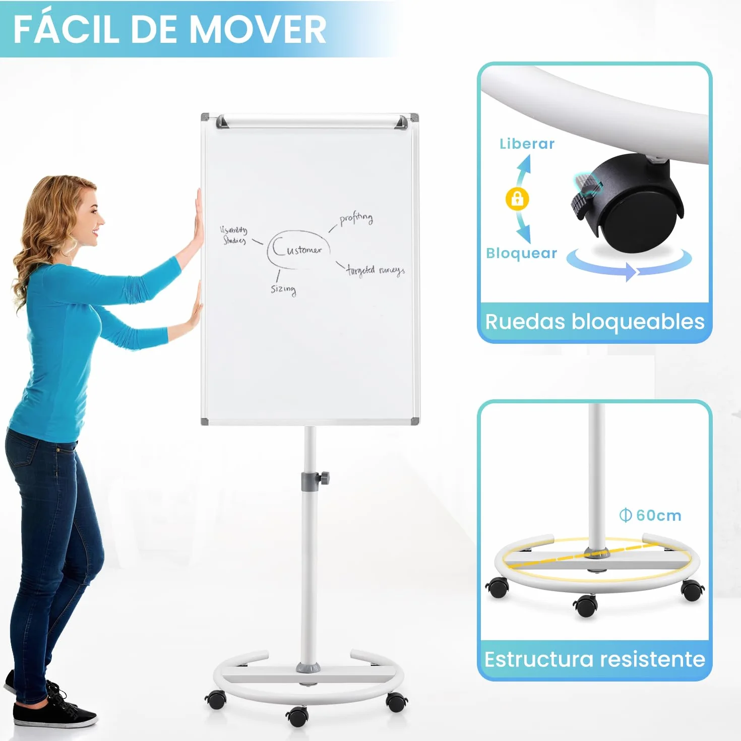 S SWANCROWN Pizarra Blanca Magnética Móvil 100x70cm, Pizarra Magnetica con Ruedas,Altura Ajustable, Pizarra Blanca con Soporte para Oficinas,Enseñanza