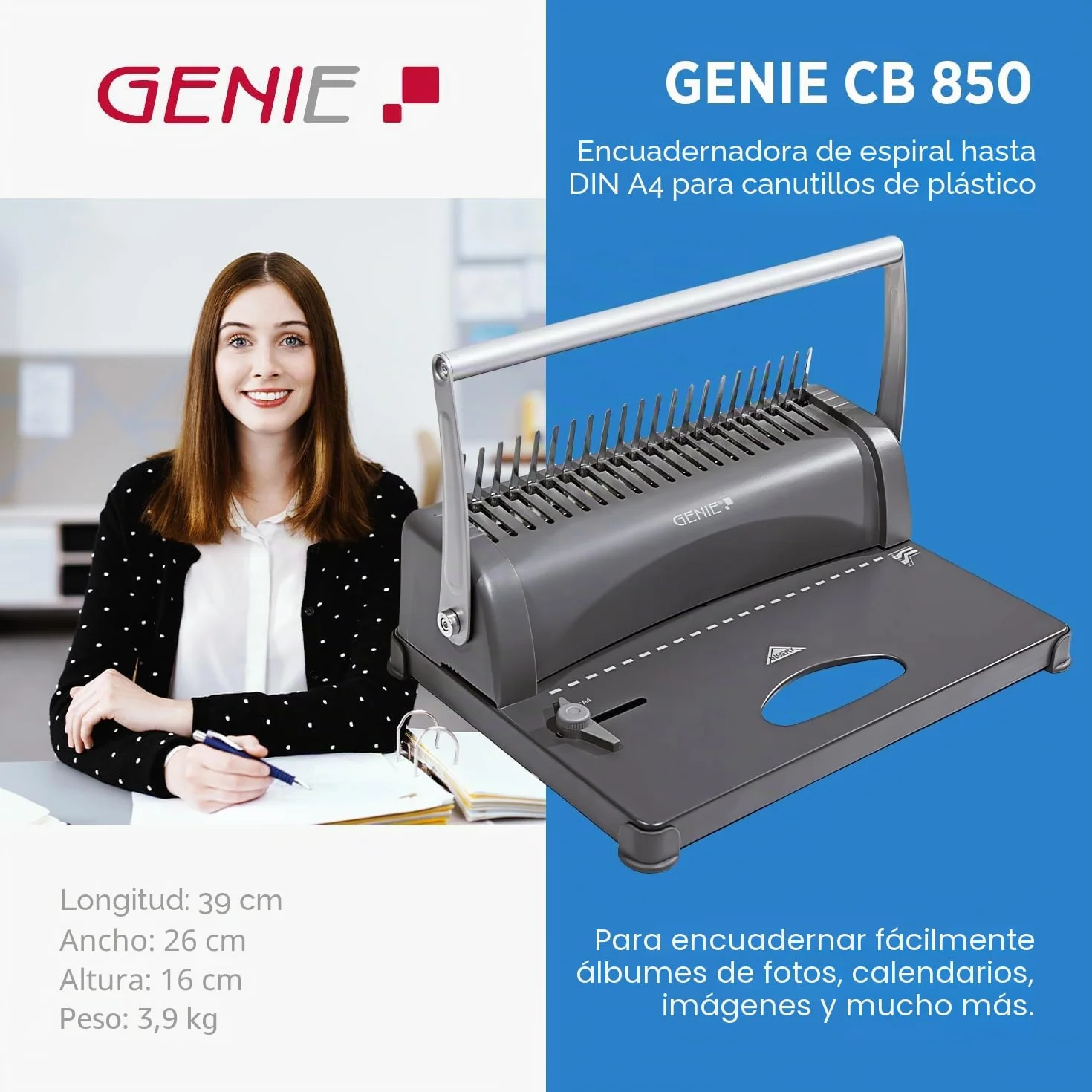 Genie CB 850 - Encuadernadora, hasta 350 hojas, DIN A4, incluye juego de 75 piezas, color plata y negro