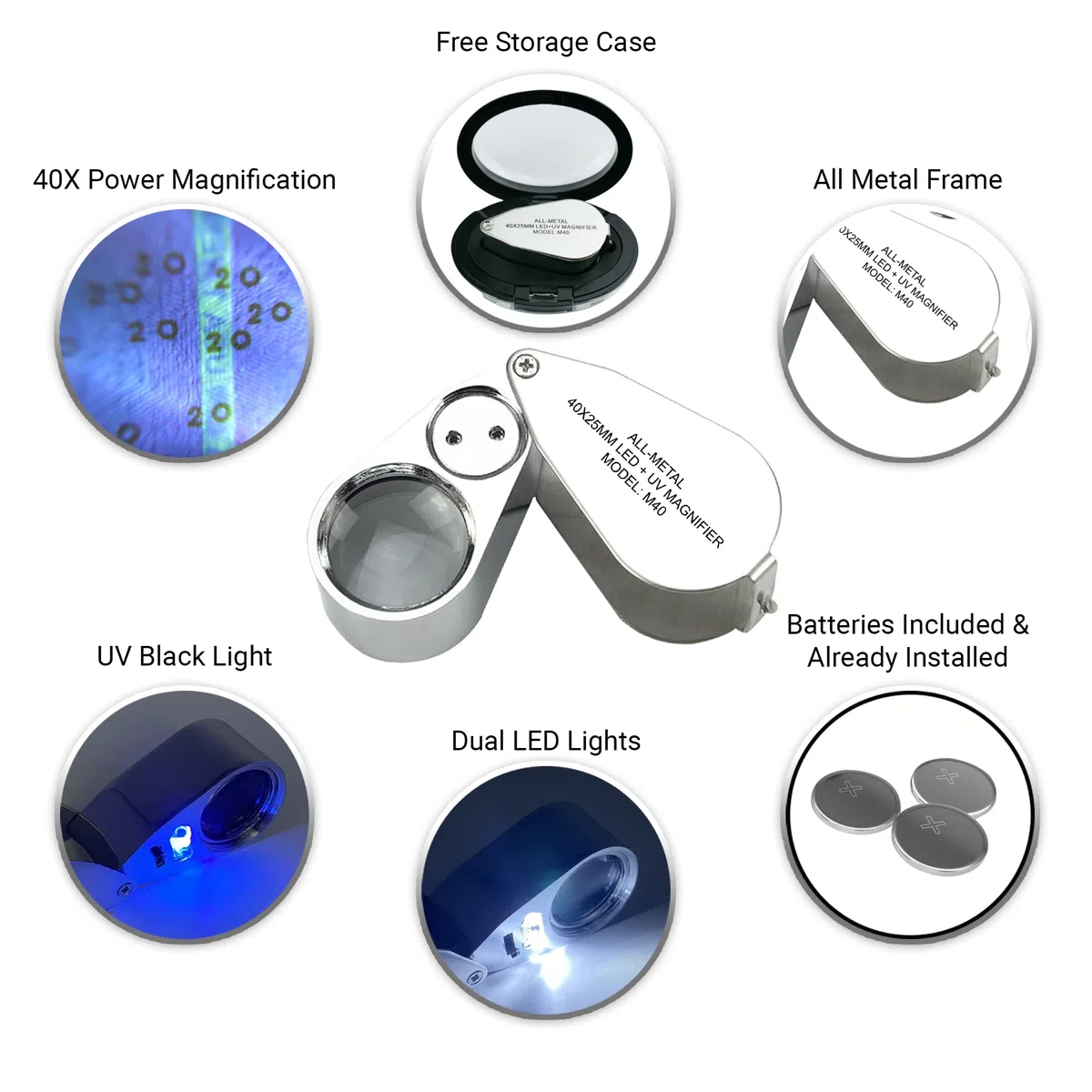 Pineapple Lupa 40X Jewelers con luz, Lupa con luz UV, Lupa de Bolsillo de Metal iluminada por LED para Joyas, Plantas, Monedas, Monedas, Diamantes, Sellos