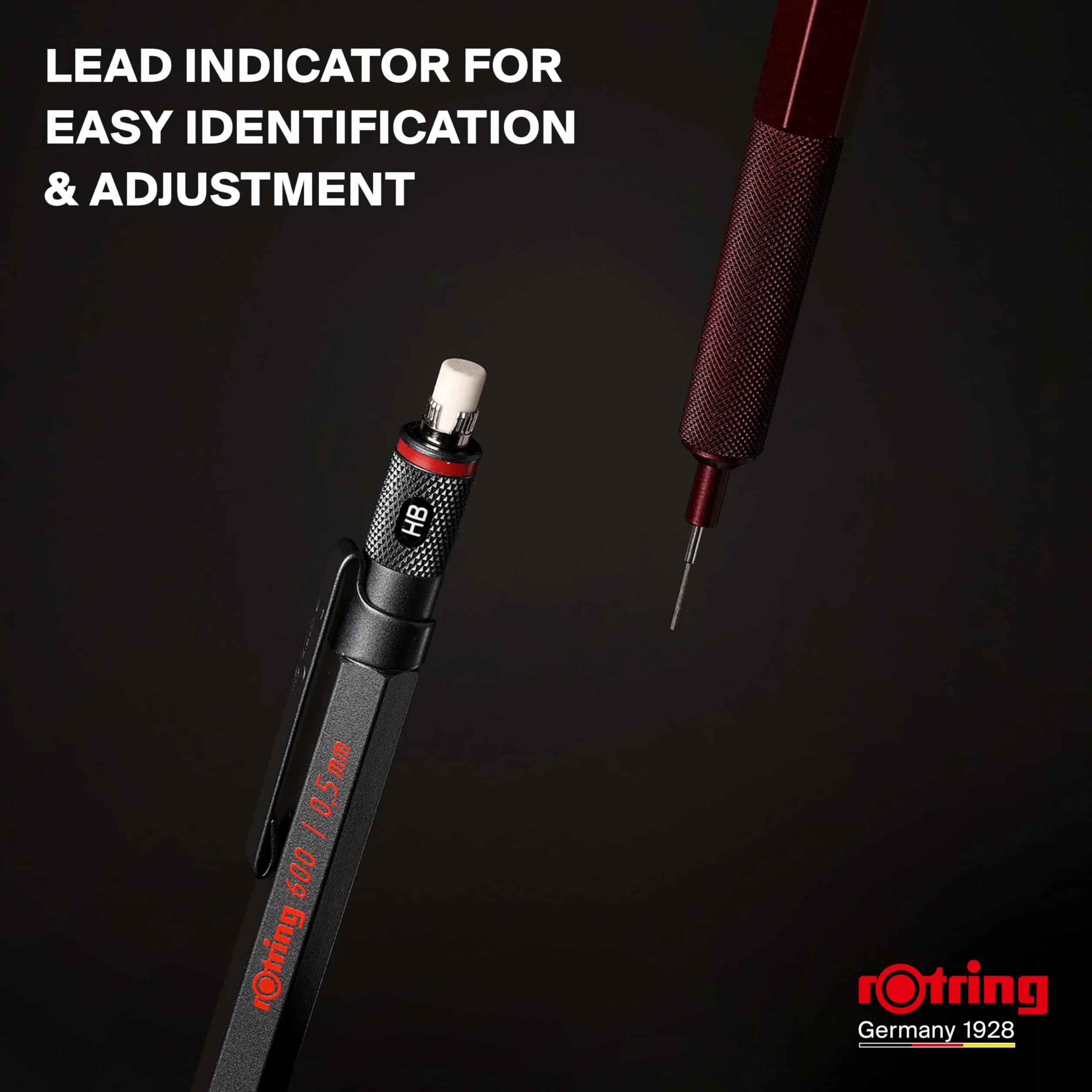 rOtring 600 Portaminas | Mina HB0,5 mm | Portaminas con cuerpo metalizado completo | Piedra oscura | Agarre estriado antideslizante y cuerpo hexagonal