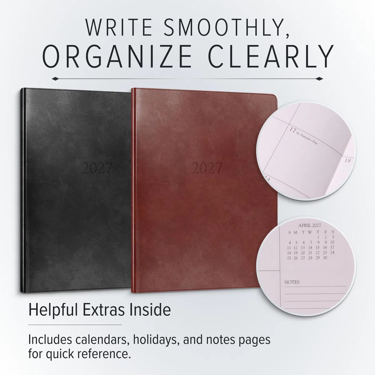 Gallery Leather Agenda mensual grande 2027 Acadia Plum | Elegante agenda y cuaderno con elegantes bordes dorados de página, 18 meses, 24,77 x 19 cm