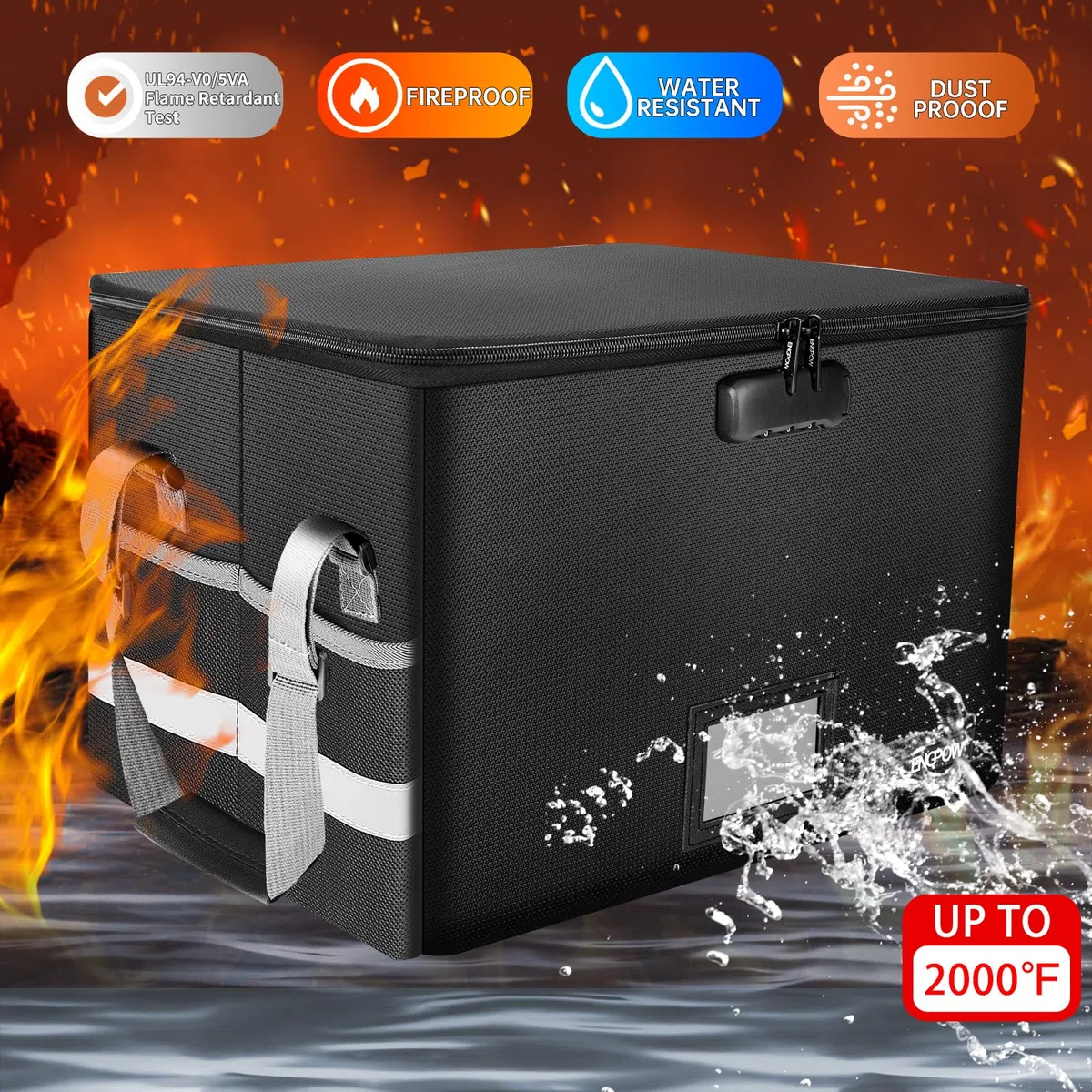 ENGPOW Caja de archivos con cerradura, organizador de almacenamiento de archivos, caja antiestática, caja de documentos plegable ignífuga con asa, caja de seguridad portátil para colgar cartas o