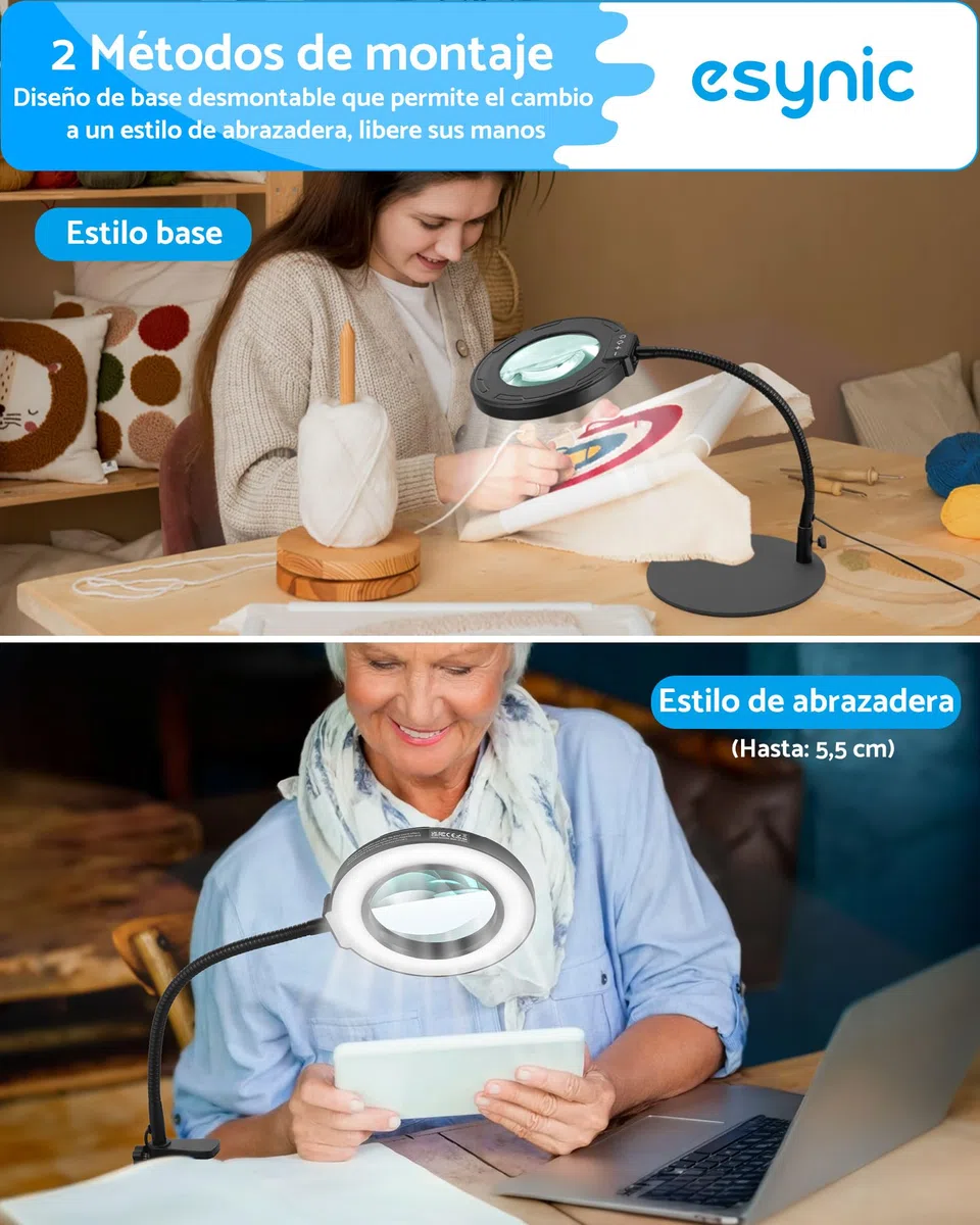 eSynic Lupa con Luz LED 8X Profesional Lámpara de Mesa con 72 LED Ajustables, 10 Niveles de Brillo + 5 Temperaturas de Color, Base de Metal Pesado y Brazo Flexible de 35cm para Lectura/Manualidades