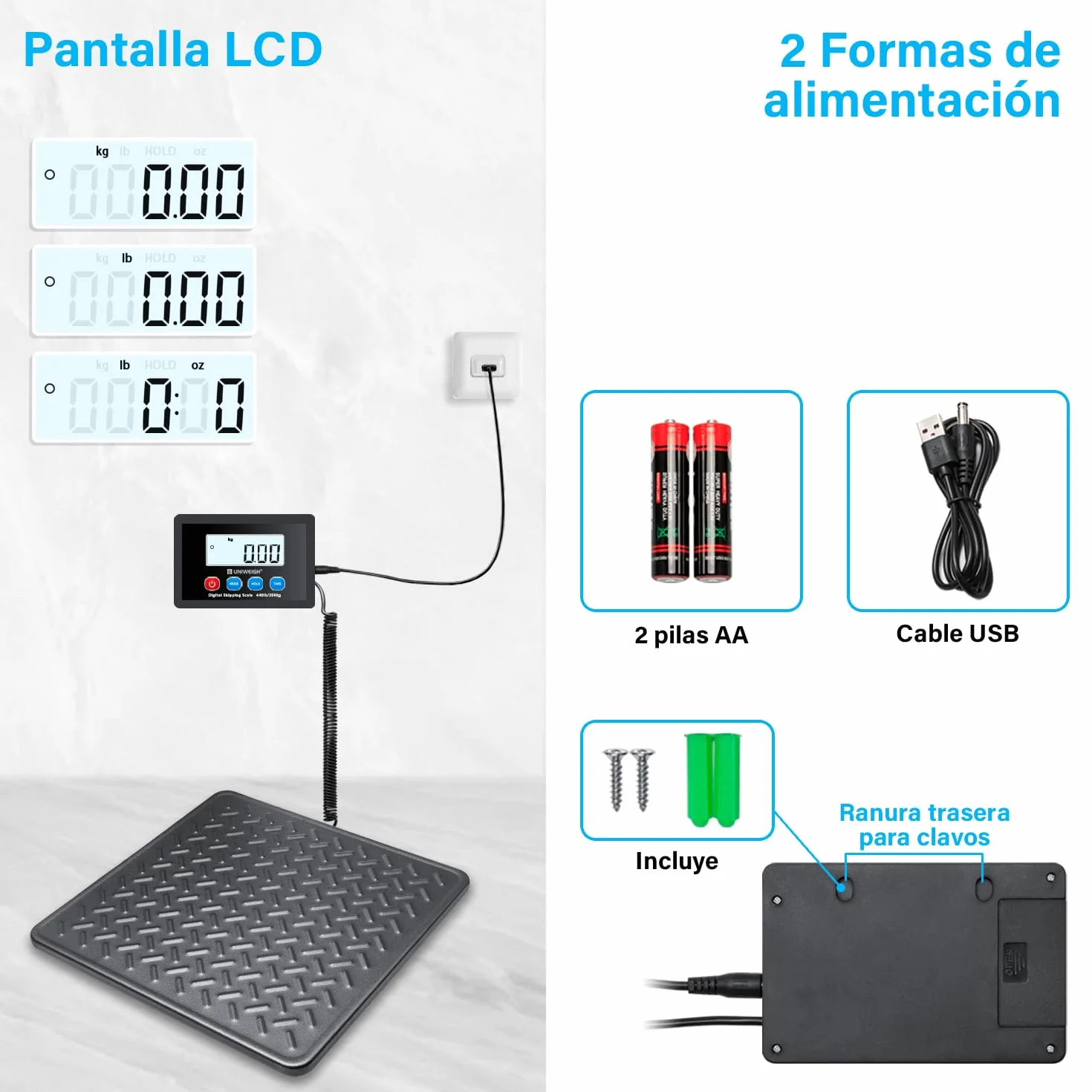UNIWEIGH Báscula digital de precisión 10 g, plataforma de acero, para paquetes, con LCD/Hold/Tara, pilas y USB