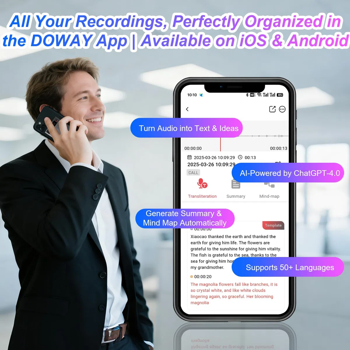Grabador de Voz IA Qoosea, 64GB con Transcripción ChatGPT-4.0 y Mapa Mental, Control por App para Reuniones, Conferencias, Llamadas, Doble Modo de Grabación, Servicio de IA Gratis 1 Año