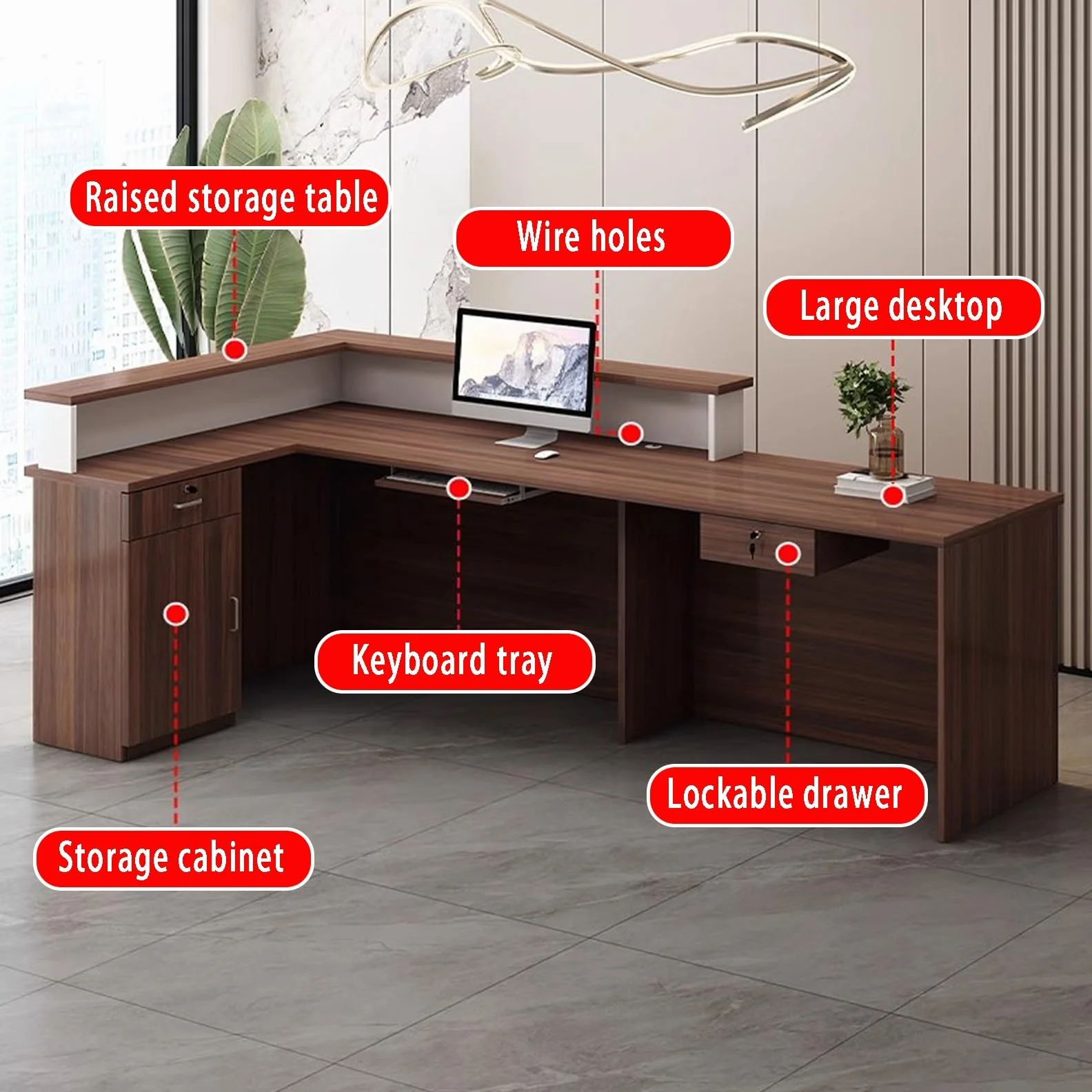 Mostrador De Recepción Moderno, Bandeja para Teclado Y Amplio Espacio De Almacenamiento, Luces LED, Adecuado para Hoteles, Oficinas Comerciales Y Hoteles(Brown,Left_160X60X100CM)
