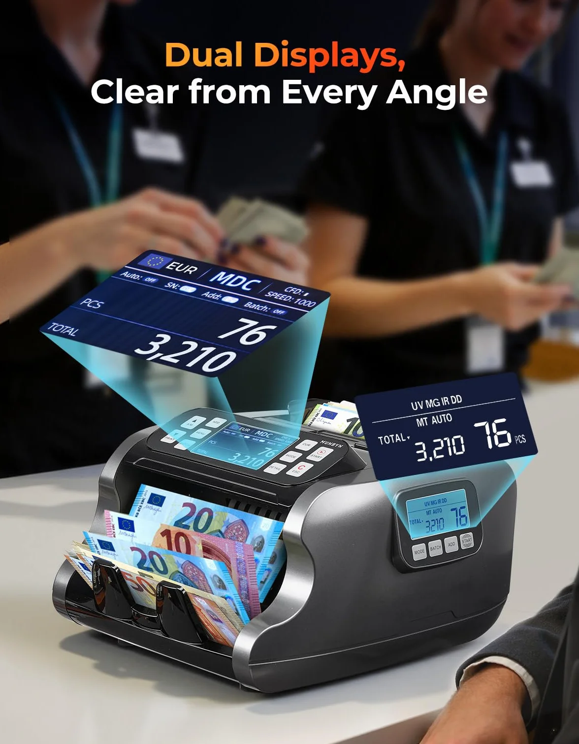 MUNBYN IMC22 Contadora de Billetes Mixto, Máquina Contar Billetes con Detector Falsos CIS/UV/IR/MG/MT, EUR USD CAD, 120 Divisas, Doble Pantalla